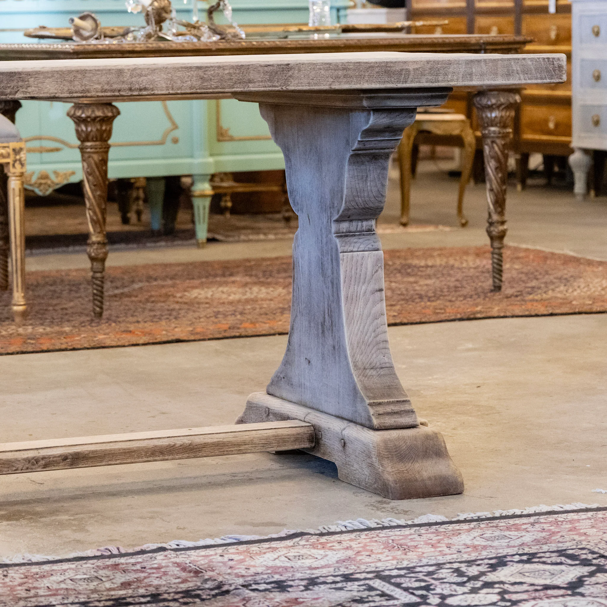 French Farm Dining Table - Light Wood Distressed Finish & Trestle Base - Image 5