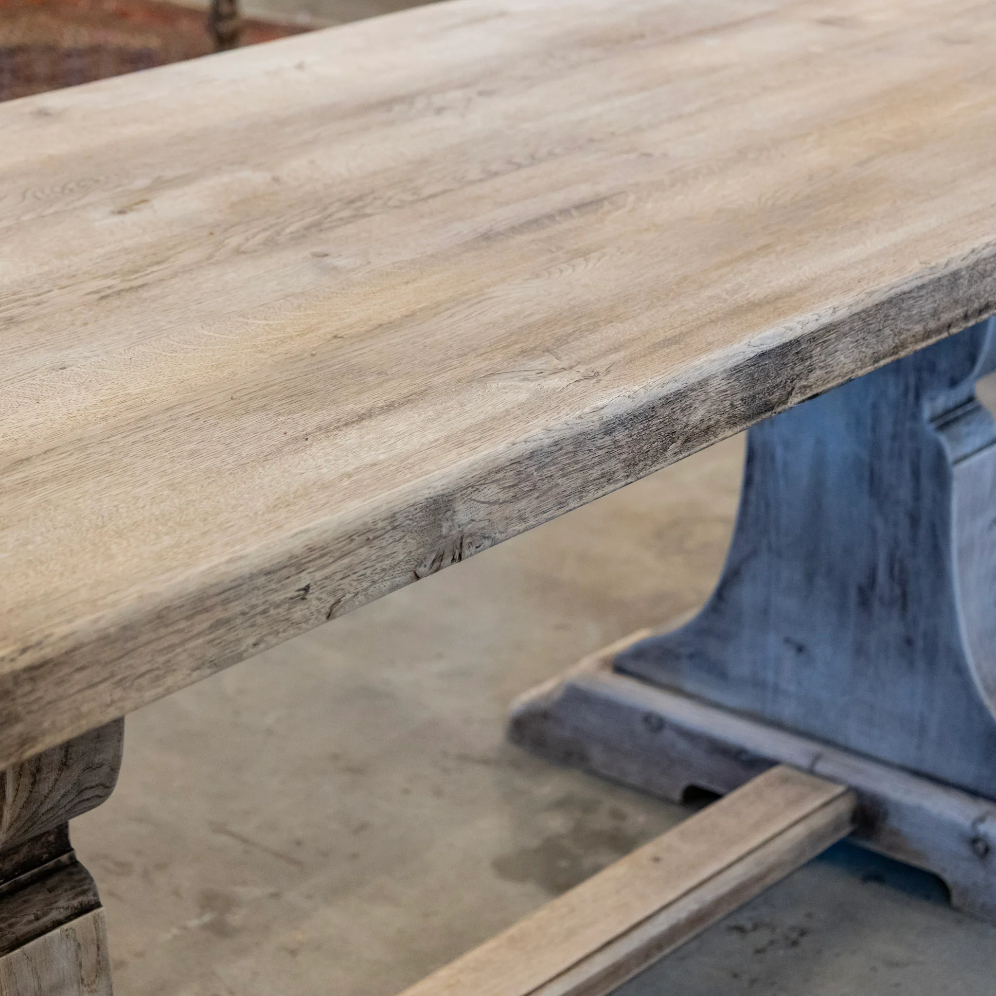French Farm Dining Table - Light Wood Distressed Finish & Trestle Base - Image 6