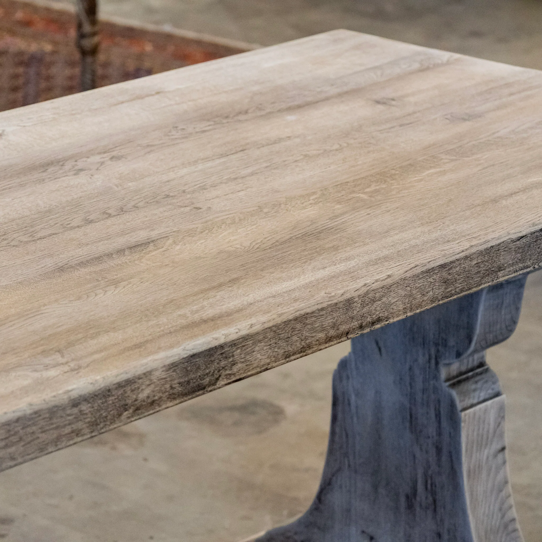 French Farm Dining Table - Light Wood Distressed Finish & Trestle Base - Image 7