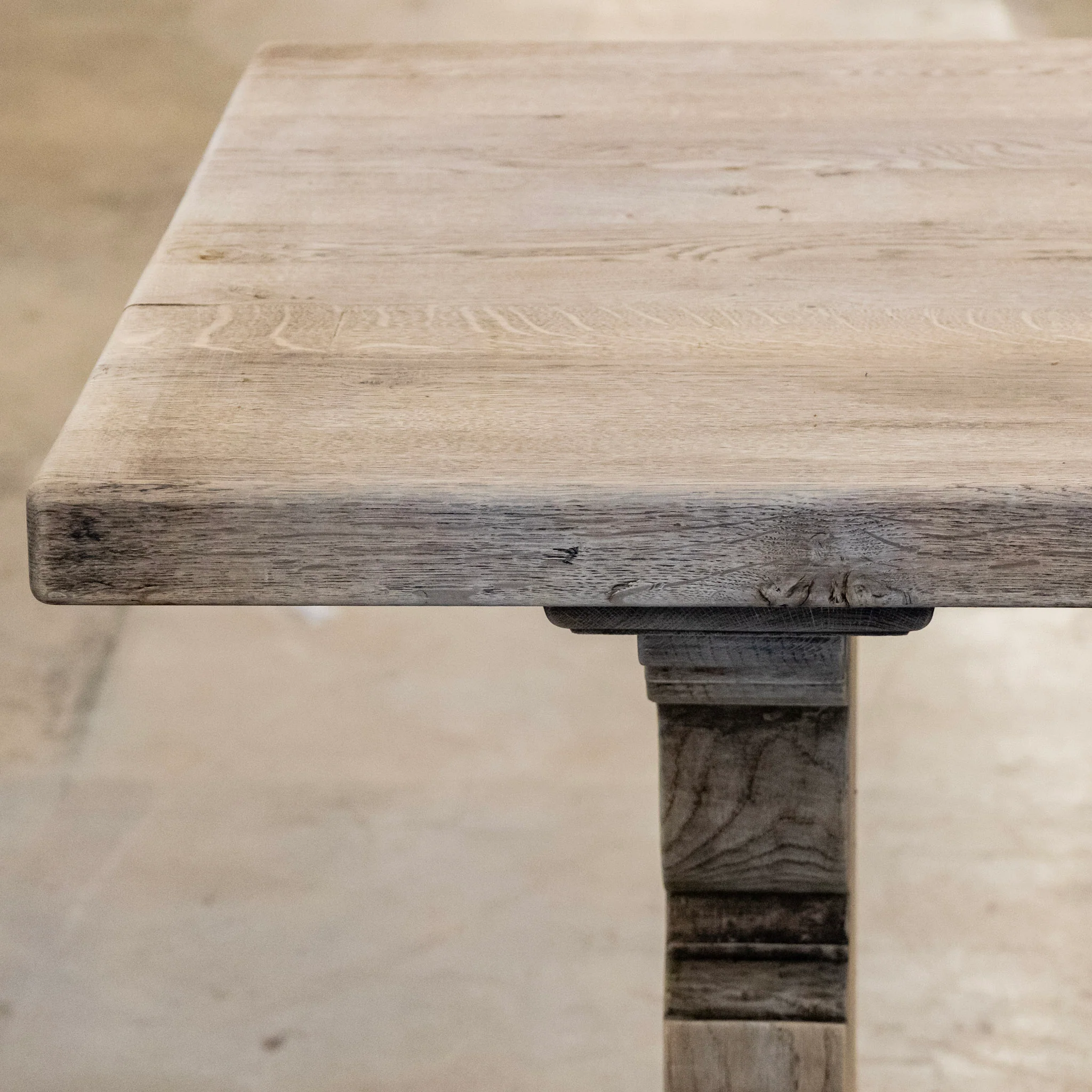 French Farm Dining Table - Light Wood Distressed Finish & Trestle Base - Image 9