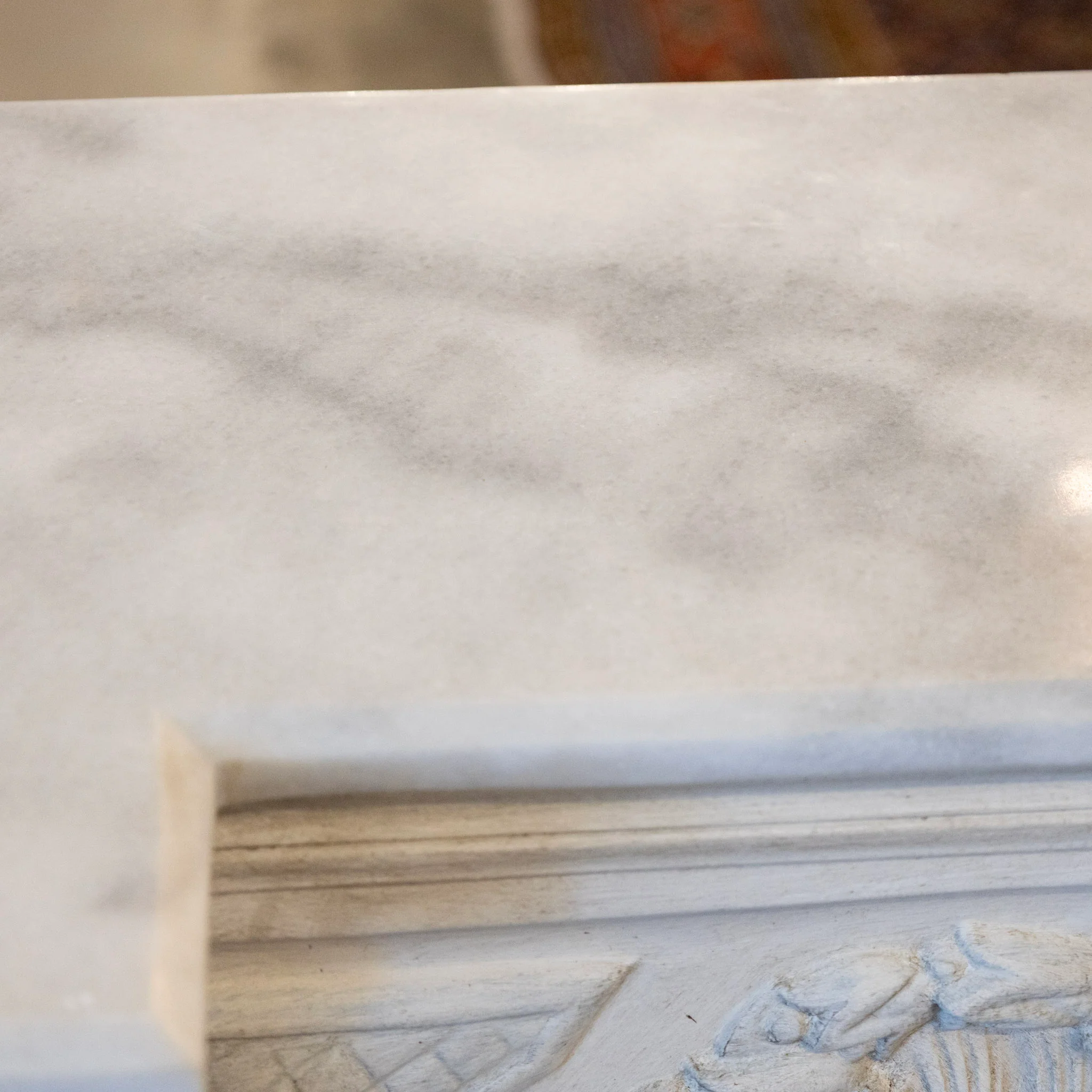 French Fireplace Mantel with Fluted Columns – Carved Garland Front & White Marble Top - Image 11