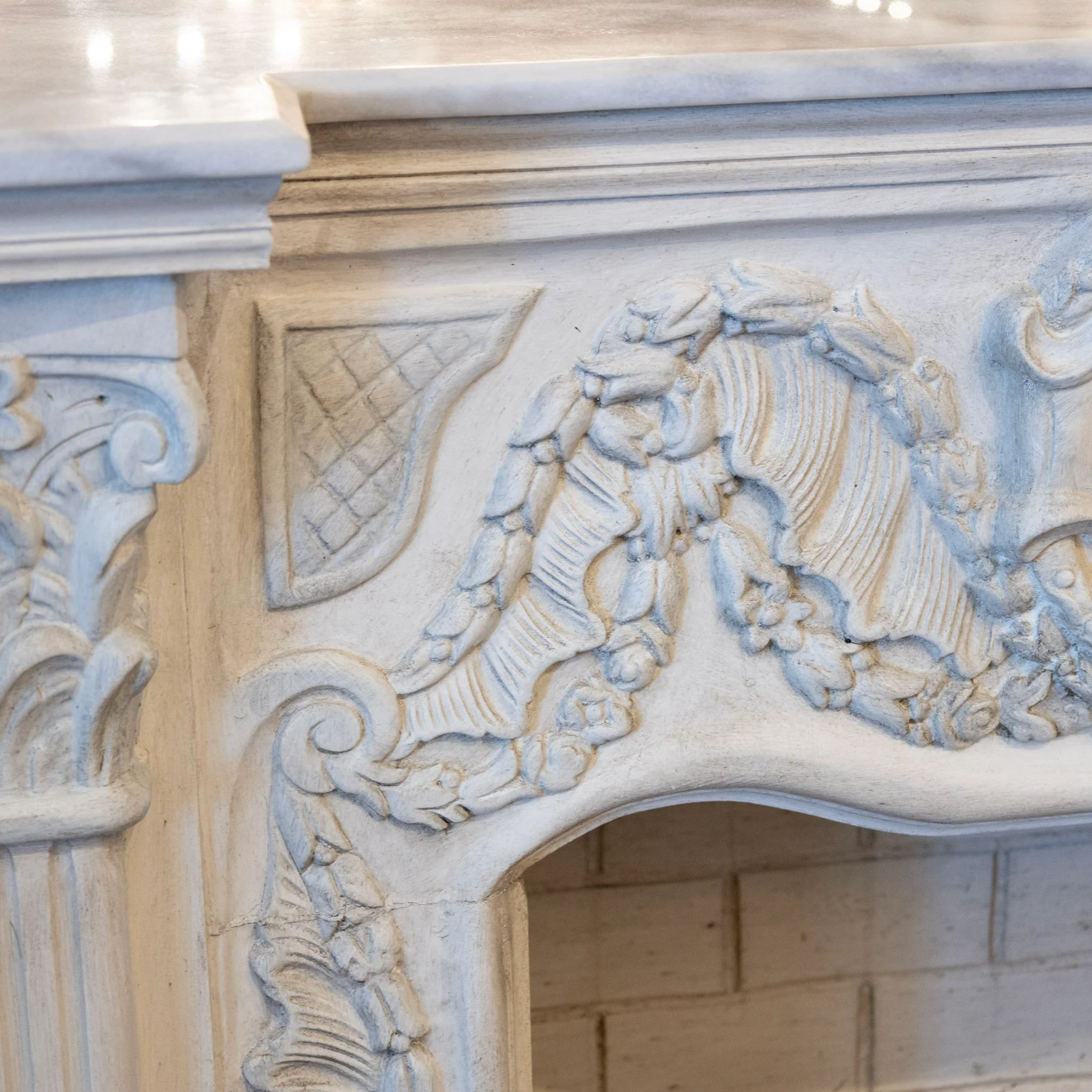 French Fireplace Mantel with Fluted Columns – Carved Garland Front & White Marble Top - Image 12