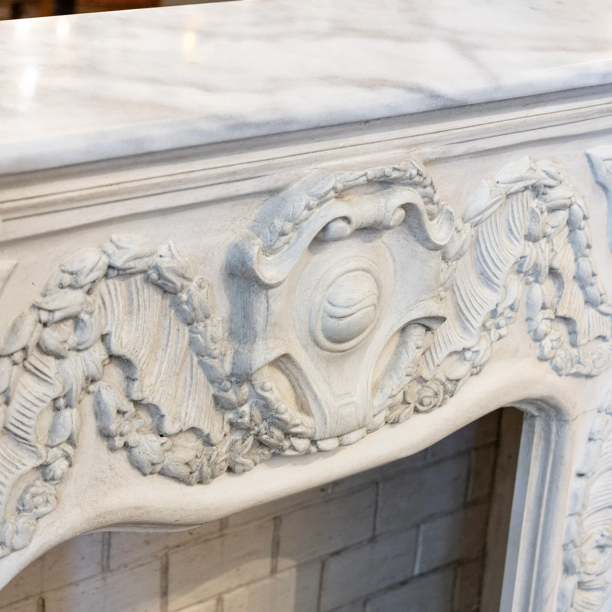 French Fireplace Mantel with Fluted Columns – Carved Garland Front & White Marble Top - Image 13
