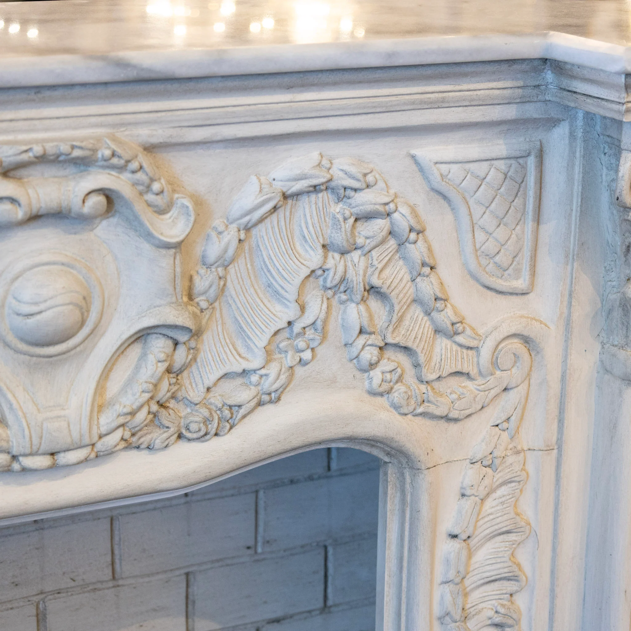 French Fireplace Mantel with Fluted Columns – Carved Garland Front & White Marble Top - Image 14
