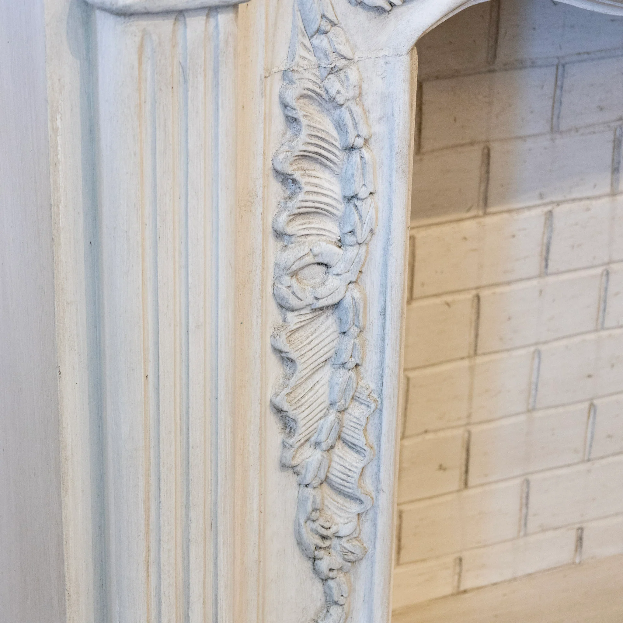 French Fireplace Mantel with Fluted Columns – Carved Garland Front & White Marble Top - Image 15