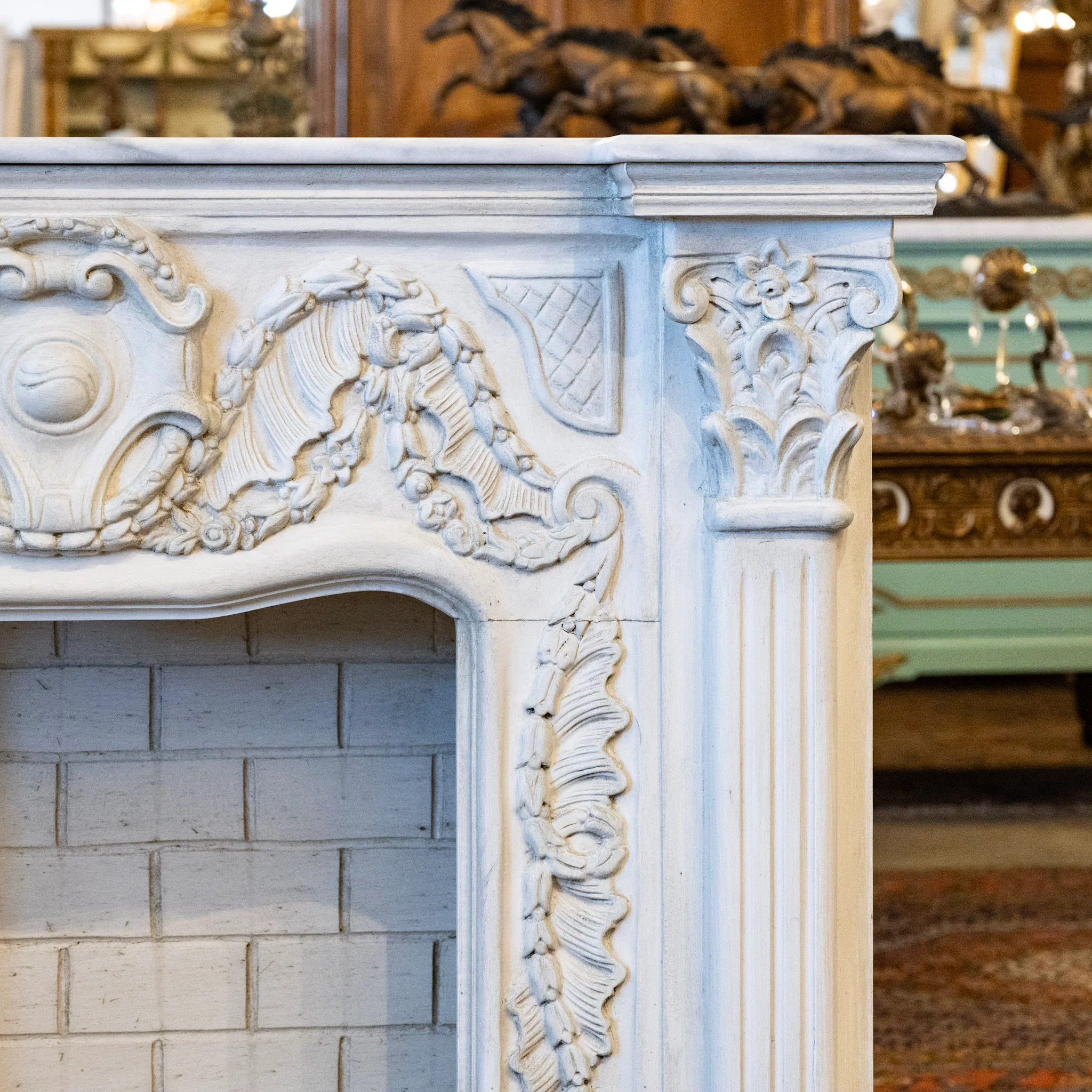 French Fireplace Mantel with Fluted Columns – Carved Garland Front & White Marble Top - Image 3
