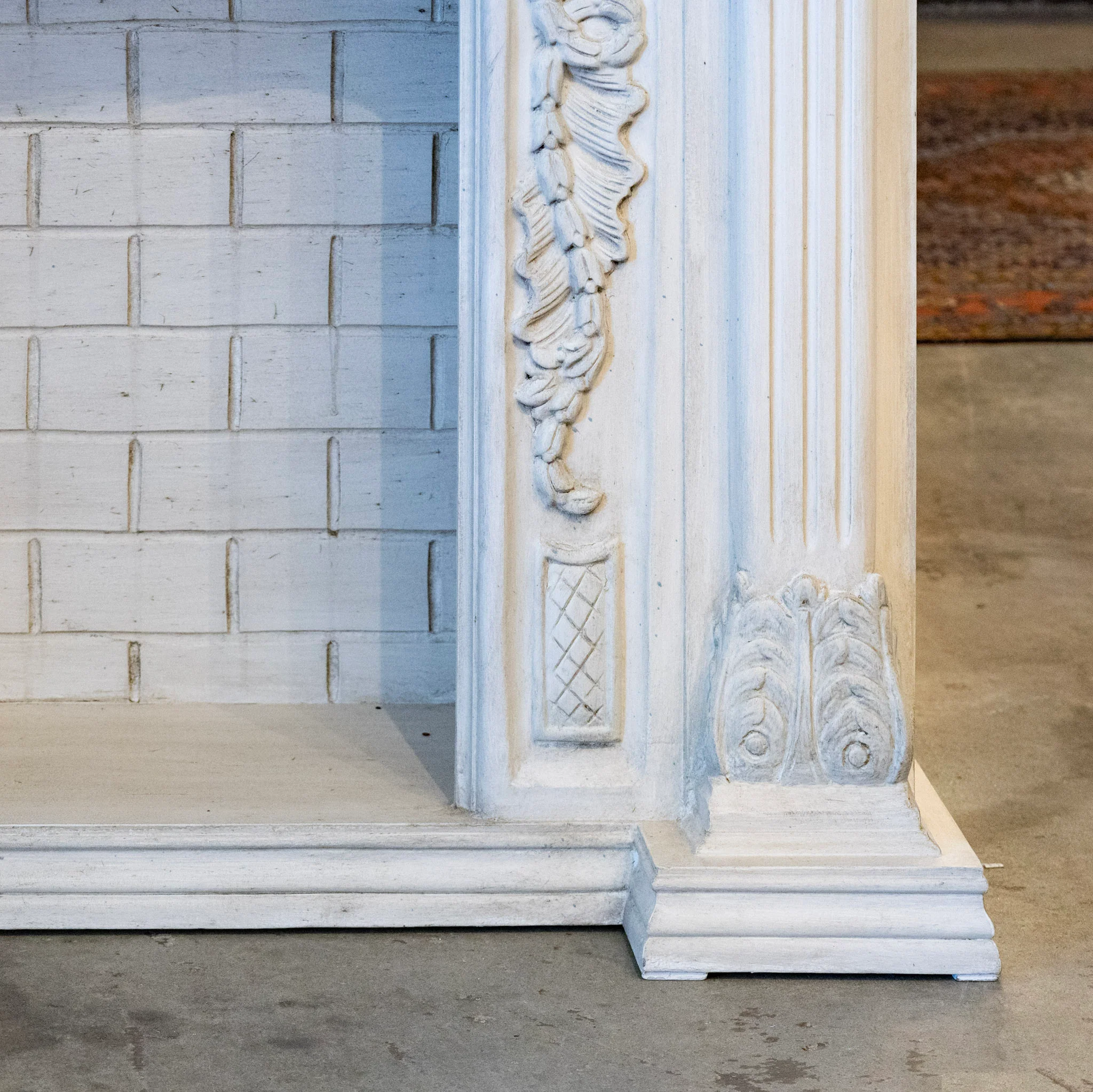French Fireplace Mantel with Fluted Columns – Carved Garland Front & White Marble Top - Image 5