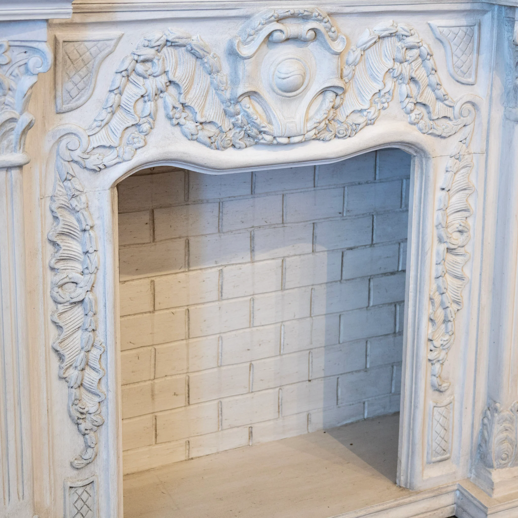 French Fireplace Mantel with Fluted Columns – Carved Garland Front & White Marble Top - Image 6