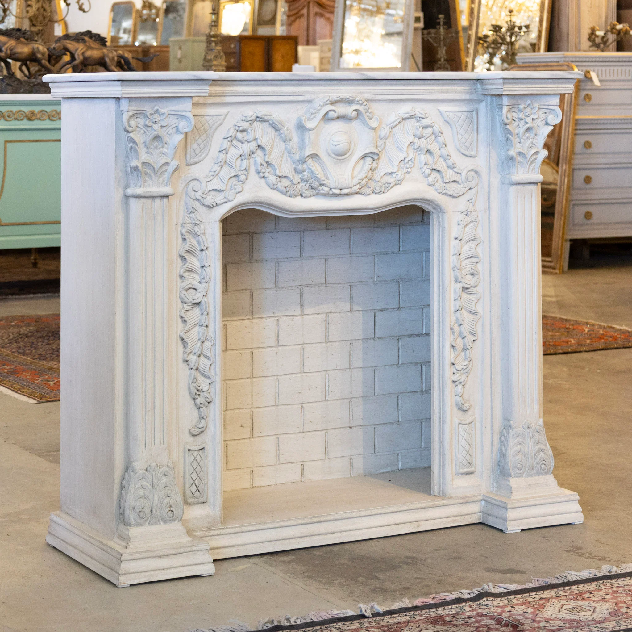 French Fireplace Mantel with Fluted Columns – Carved Garland Front & White Marble Top - Image 8