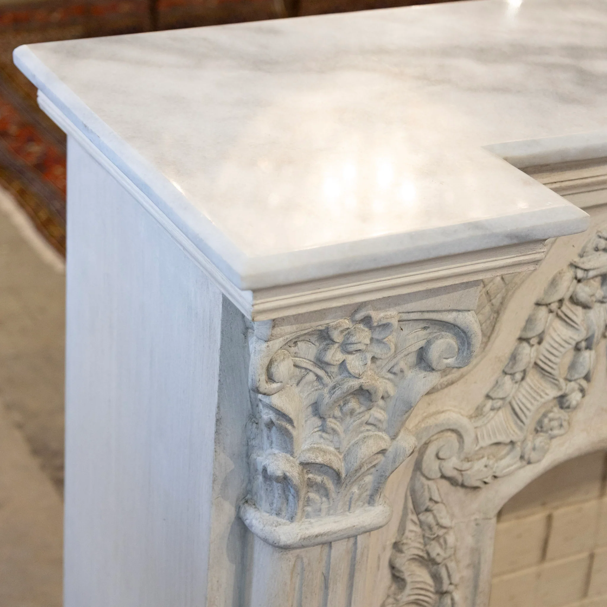 French Fireplace Mantel with Fluted Columns – Carved Garland Front & White Marble Top - Image 9