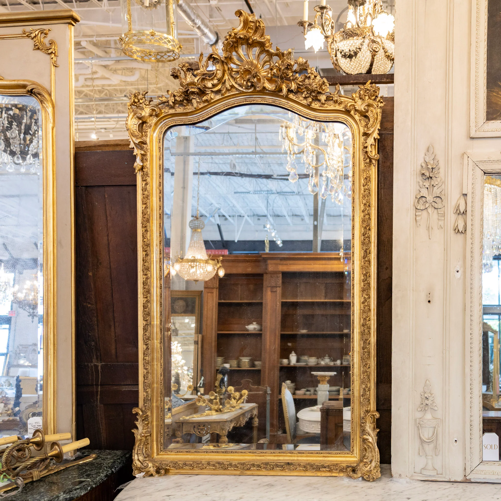 French Gilded Mirror – Beveled Edge & Ornate Crest