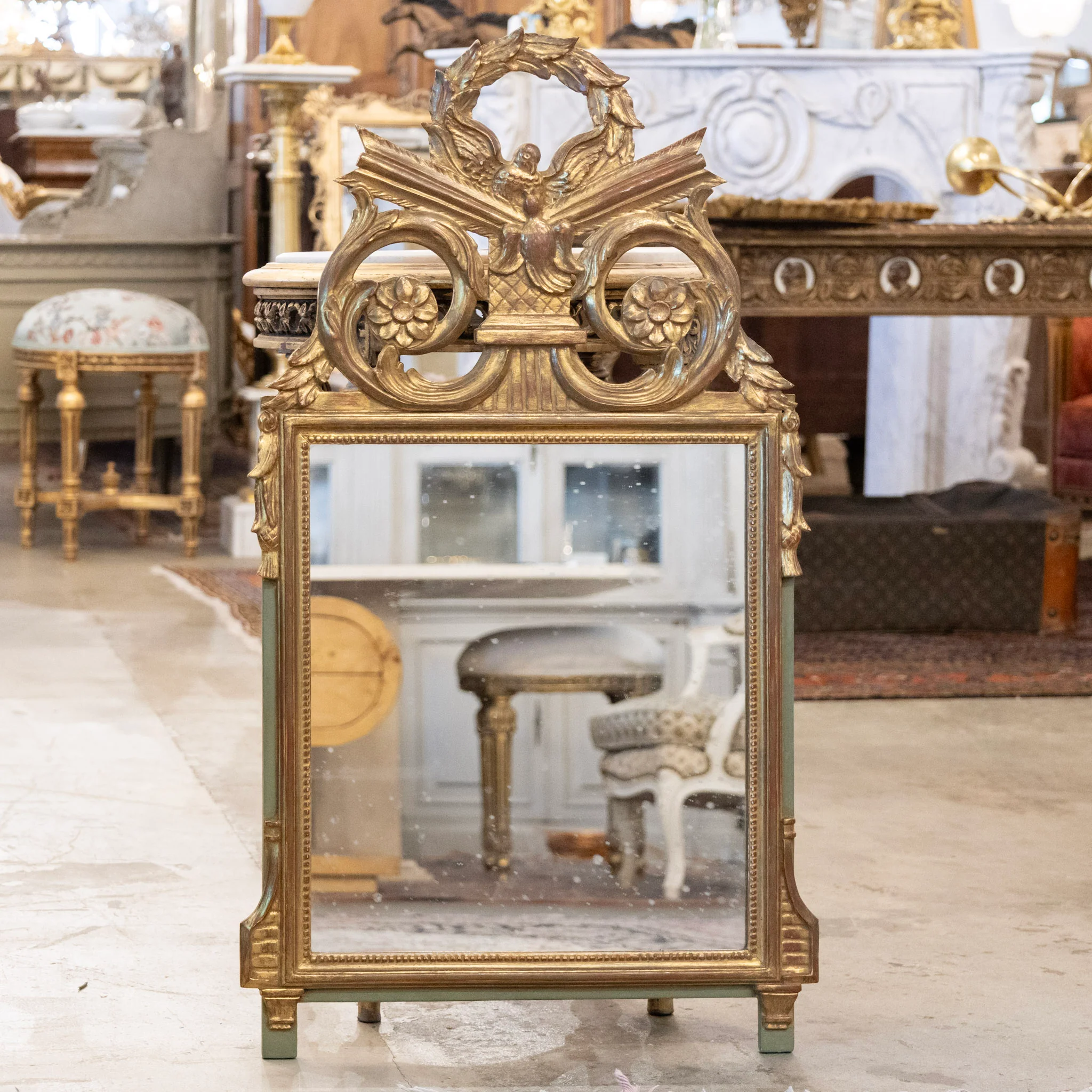 French Gilded Ornate Mirror – Dove Crest with Wreath & Scroll Carvings