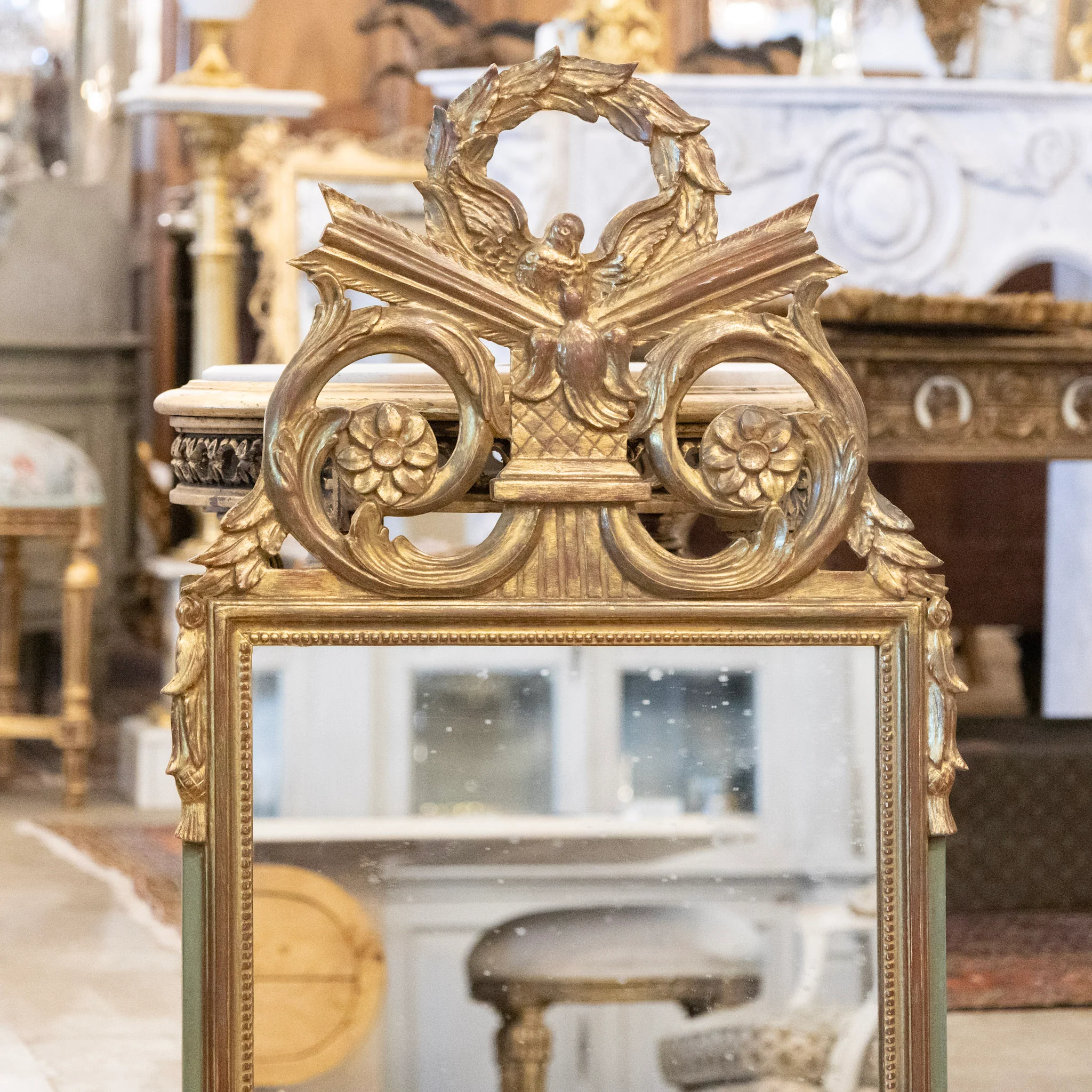 French Gilded Ornate Mirror – Dove Crest with Wreath & Scroll Carvings - Image 2