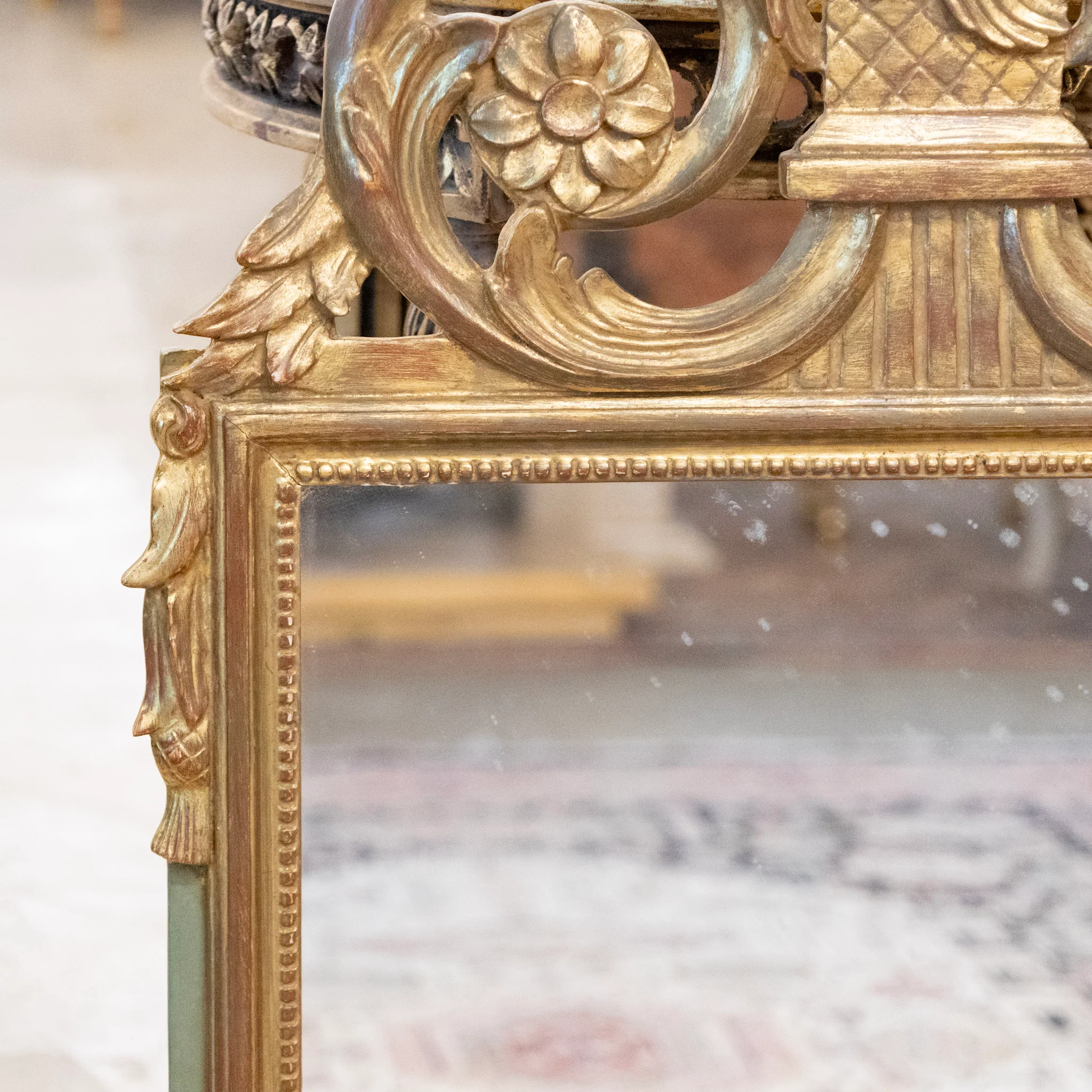 French Gilded Ornate Mirror – Dove Crest with Wreath & Scroll Carvings - Image 4