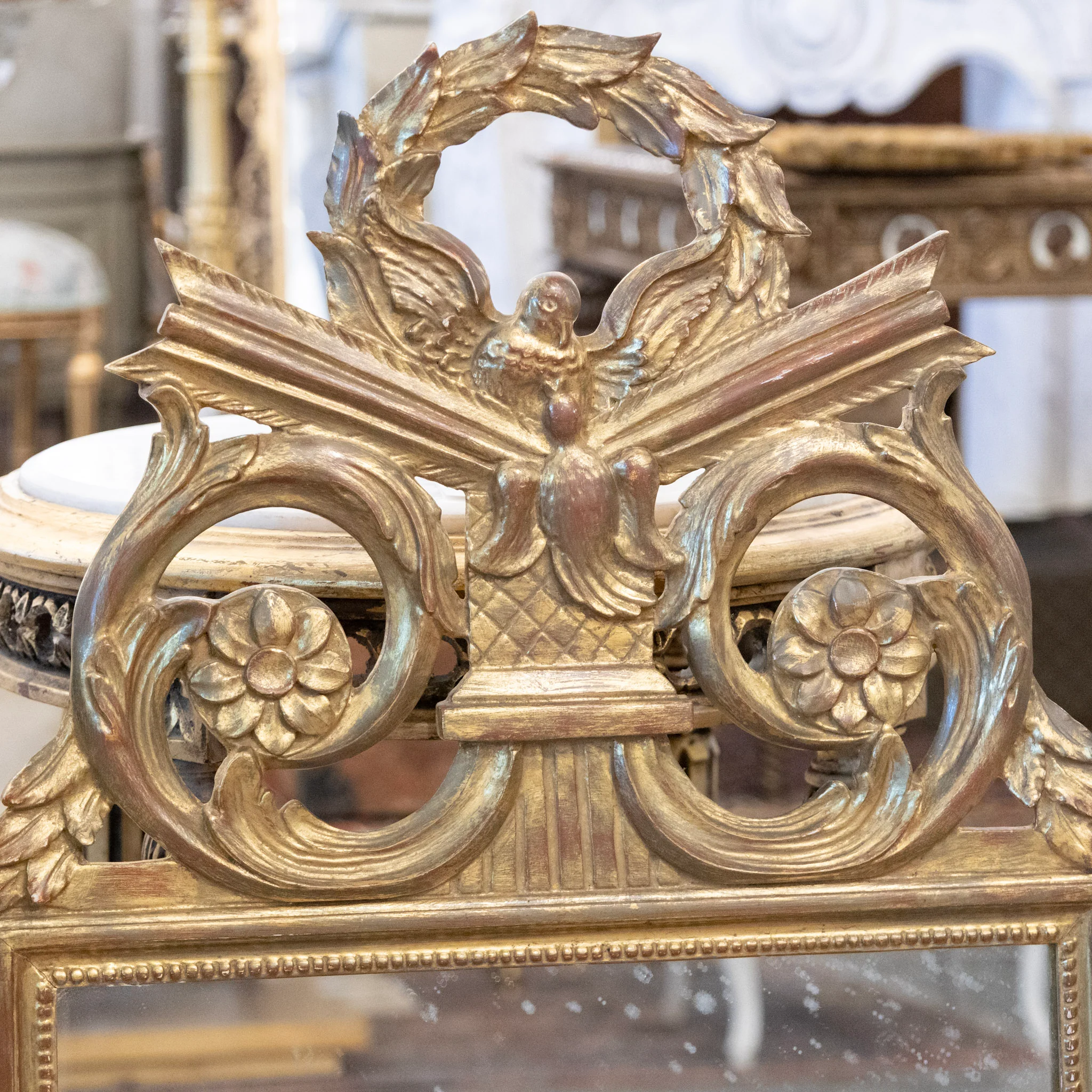 French Gilded Ornate Mirror – Dove Crest with Wreath & Scroll Carvings - Image 5