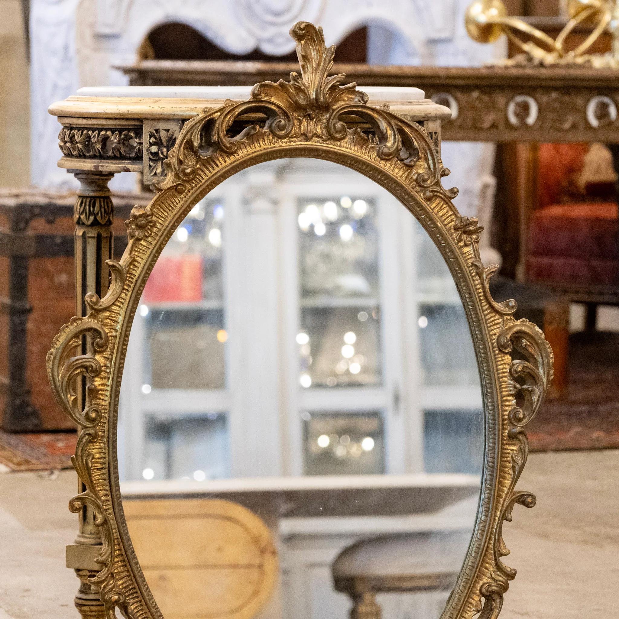French Gilded Oval Mirror – Fluted Frame with Scroll Carvings - Image 2