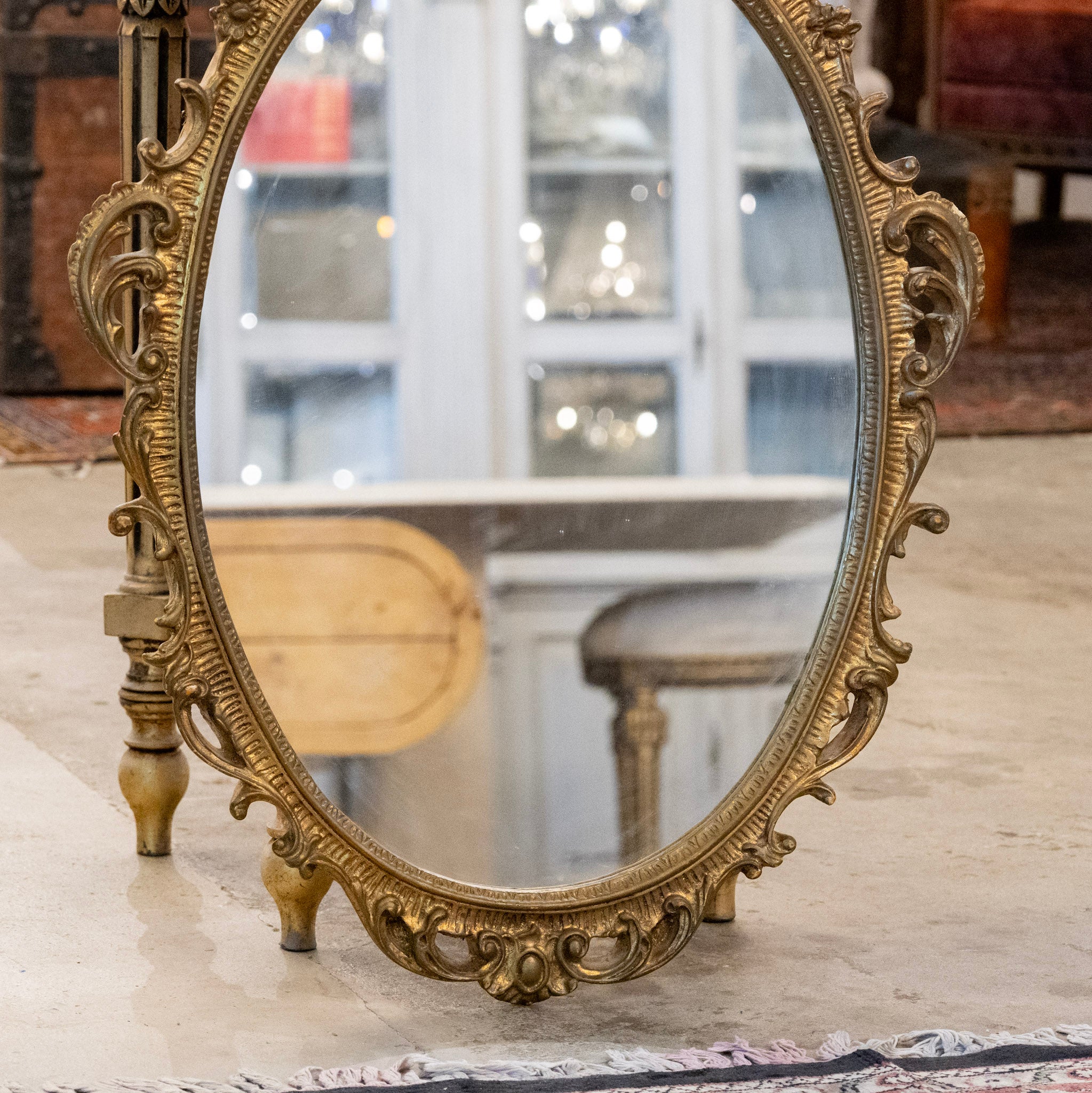 French Gilded Oval Mirror – Fluted Frame with Scroll Carvings - Image 3