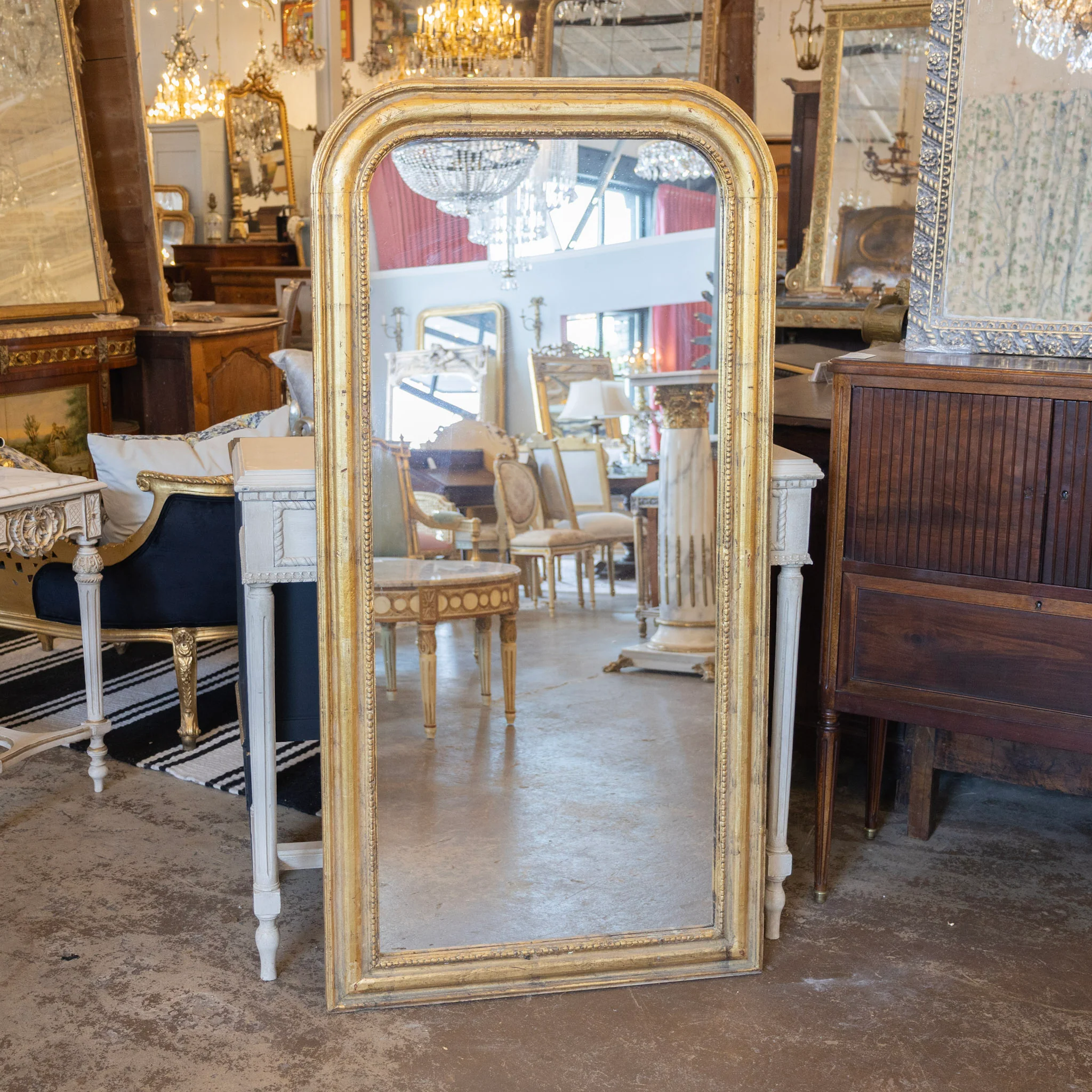 French Gold Louis Philippe Full Length Mirror — Beaded Trim