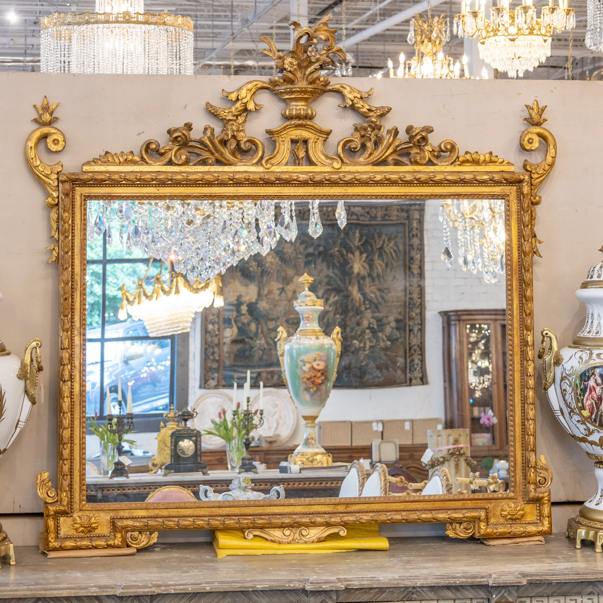 French Gold Ornate Mirror — Floral Crest & Horizontal Hang