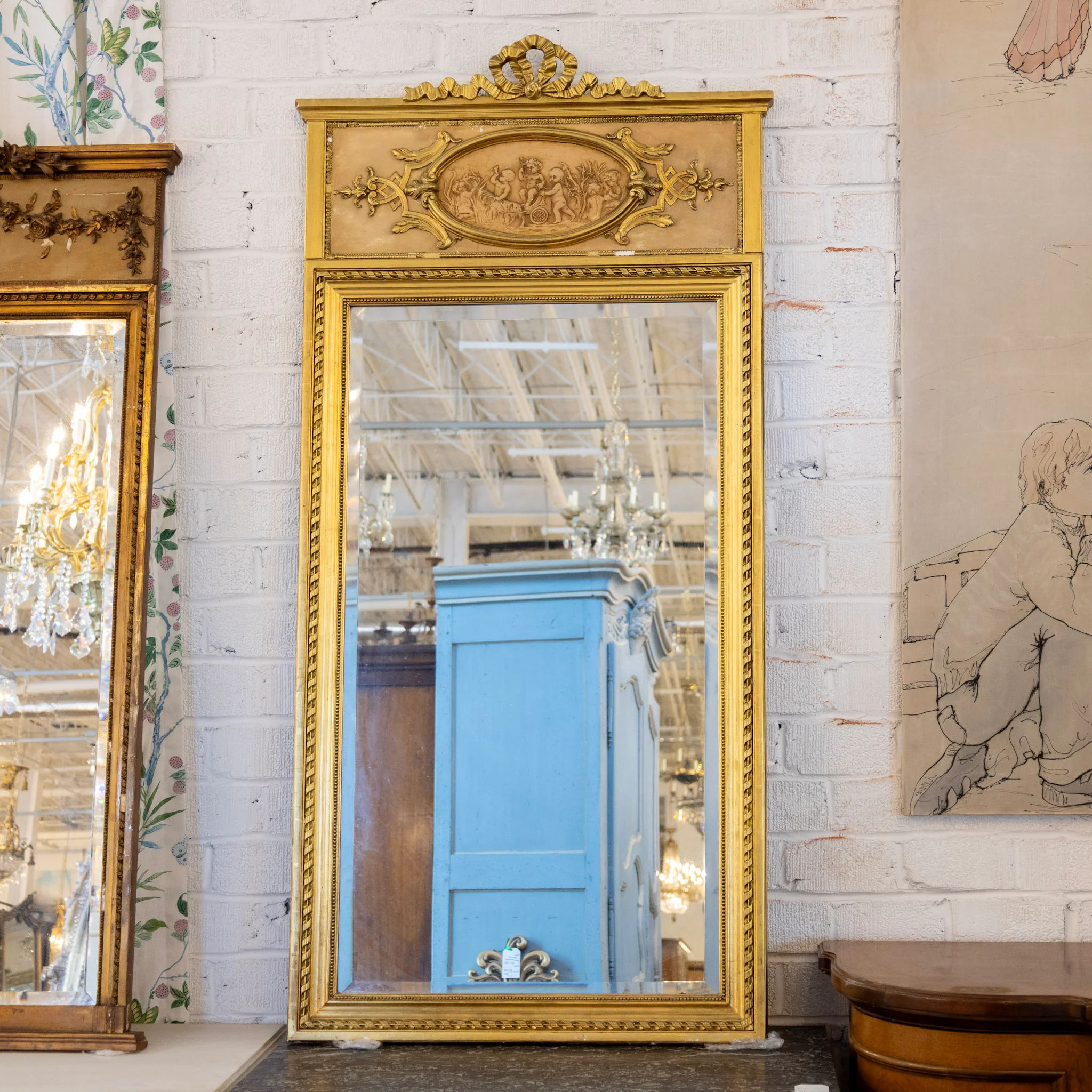 French Gold Trumeau Mirror — Ribbon Crest & Rope Trim
