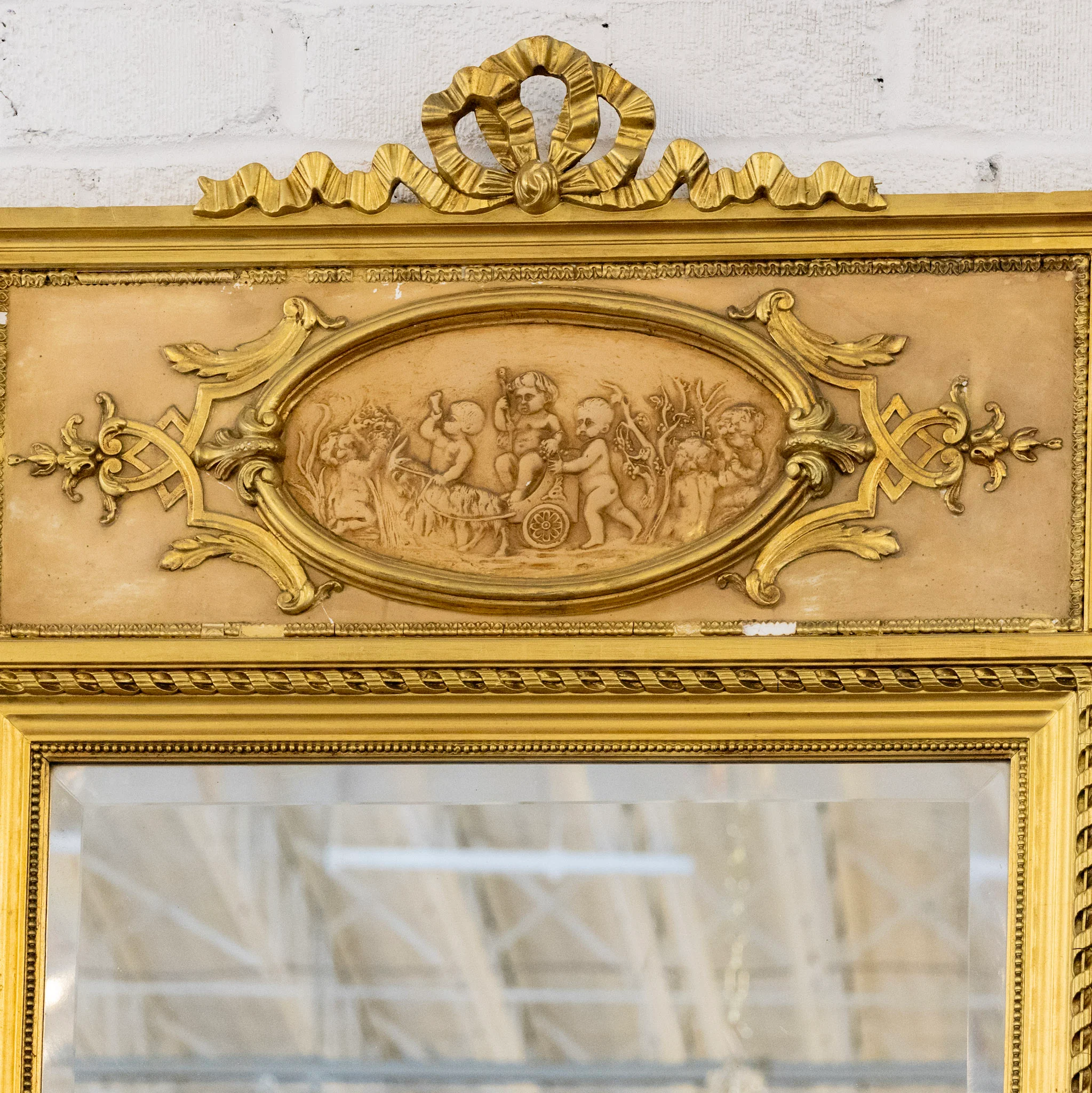 French Gold Trumeau Mirror — Ribbon Crest & Rope Trim - Image 6