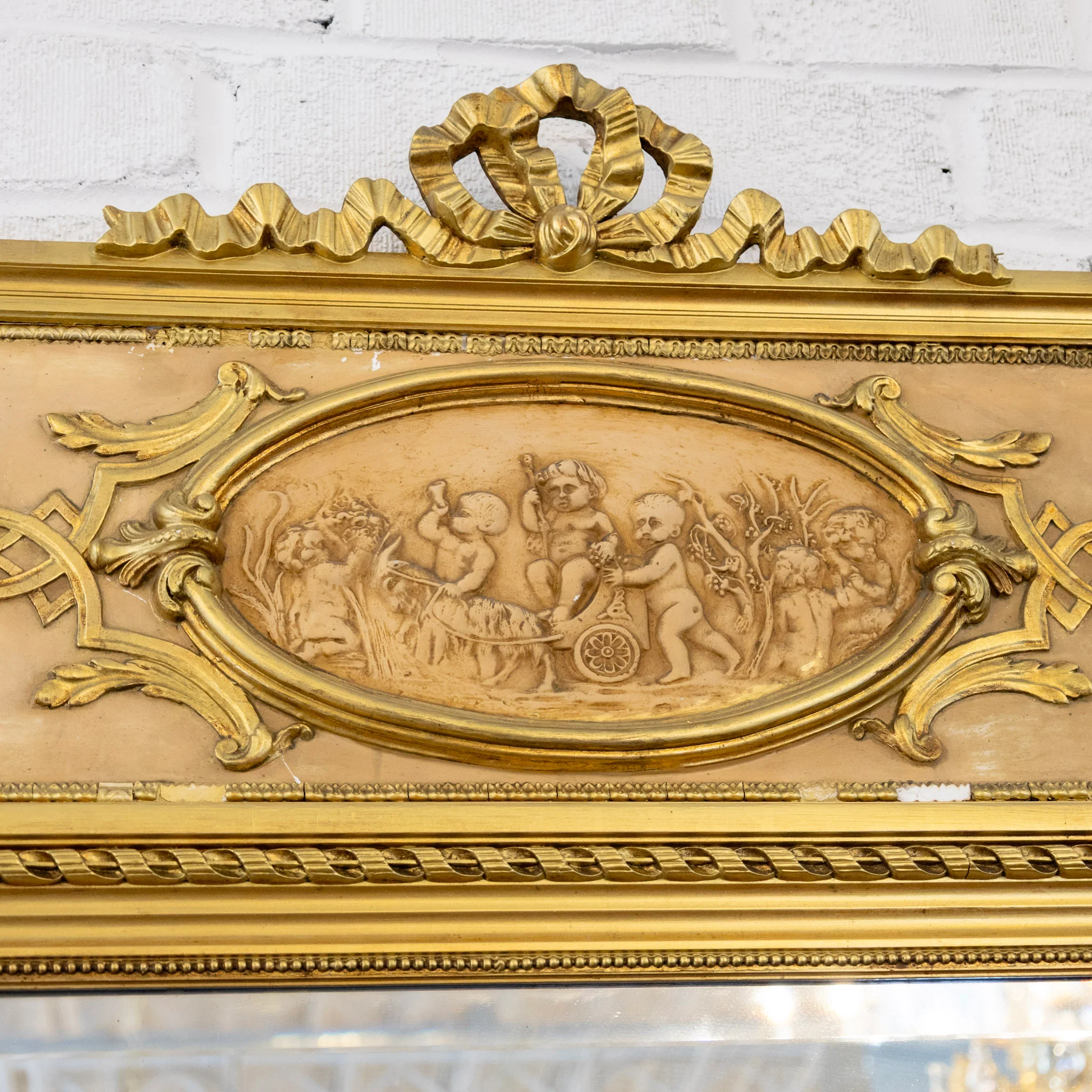 French Gold Trumeau Mirror — Ribbon Crest & Rope Trim - Image 7