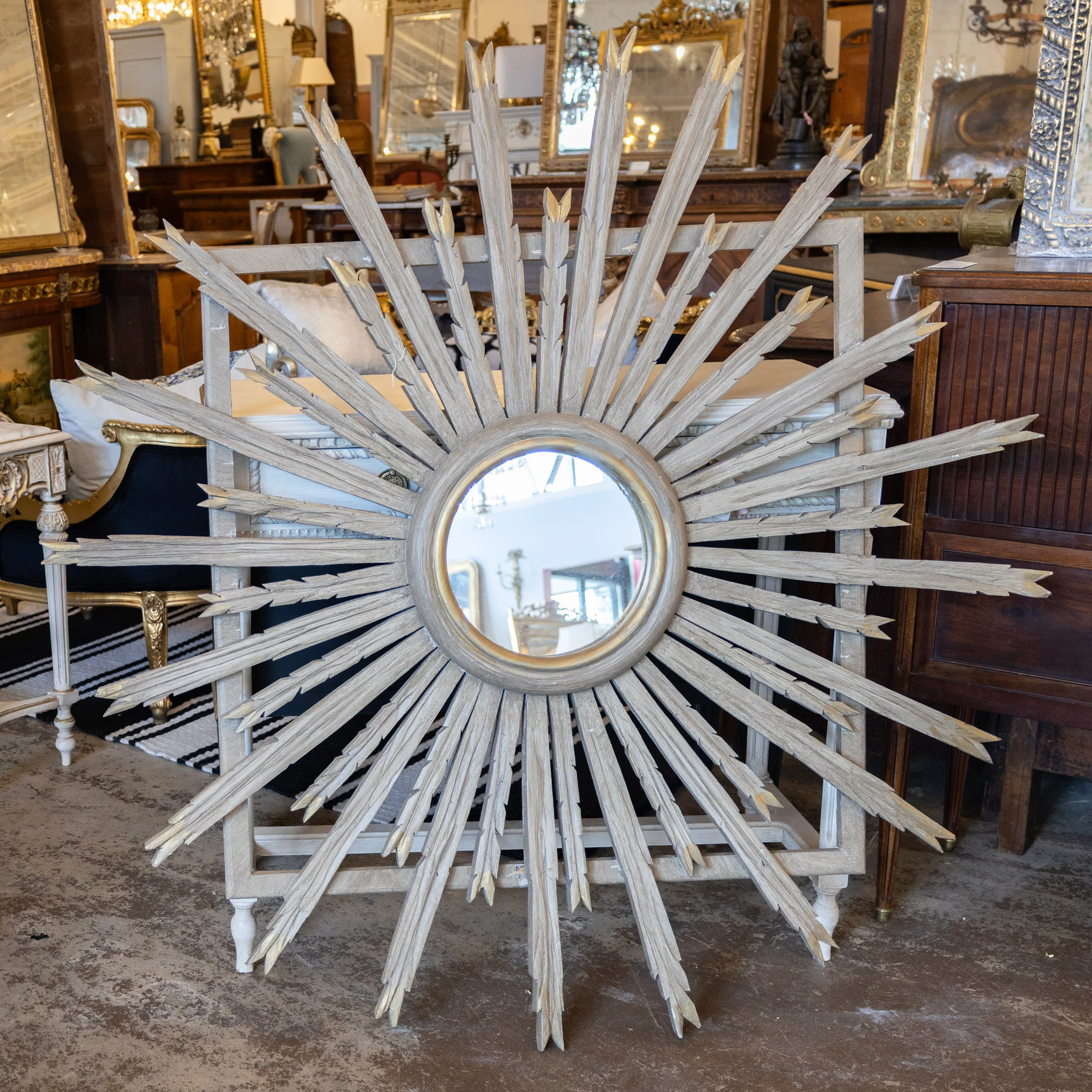 French Gray Painted Sunburst Mirror — Gold Accents with Square Frame