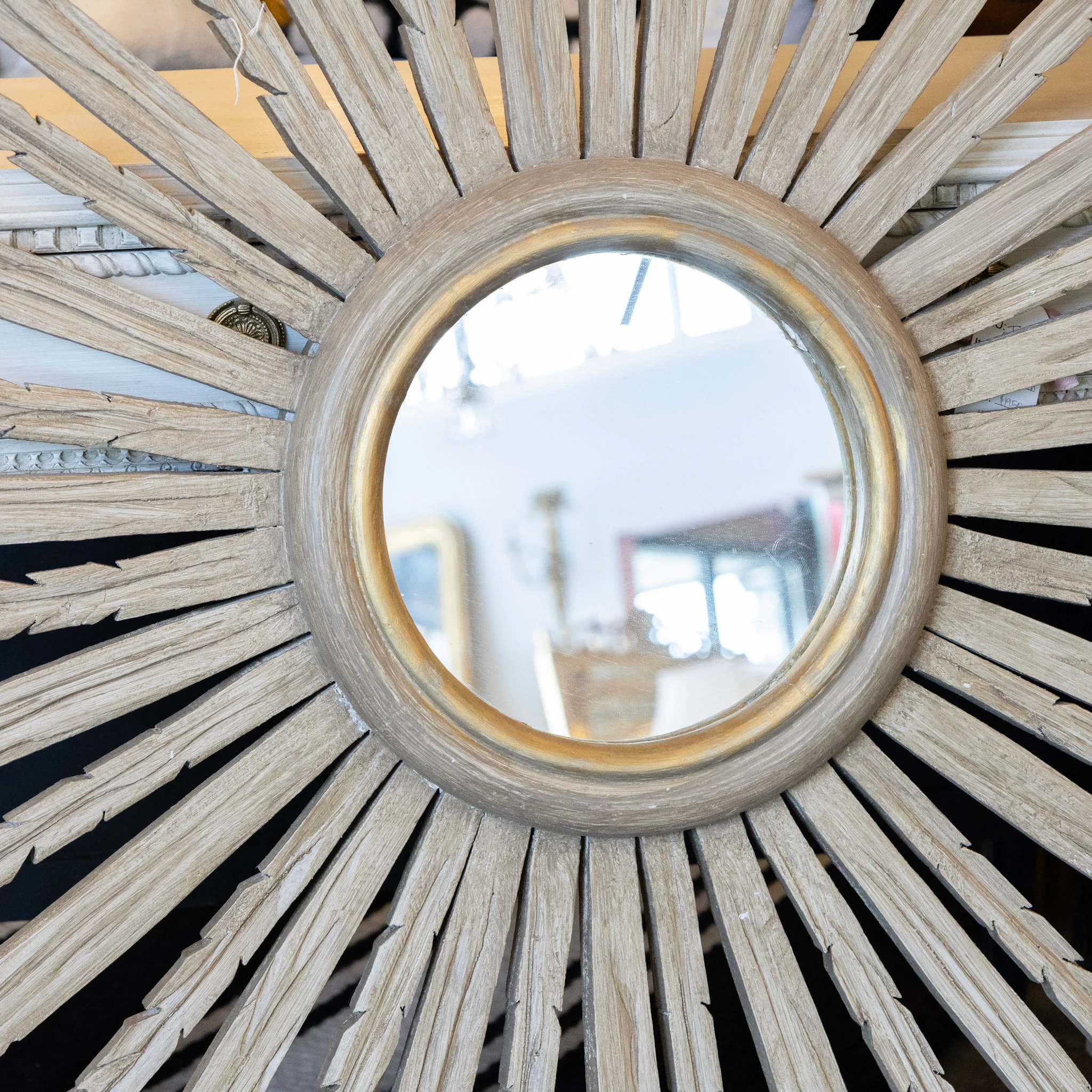 French Gray Painted Sunburst Mirror — Gold Accents with Square Frame - Image 2