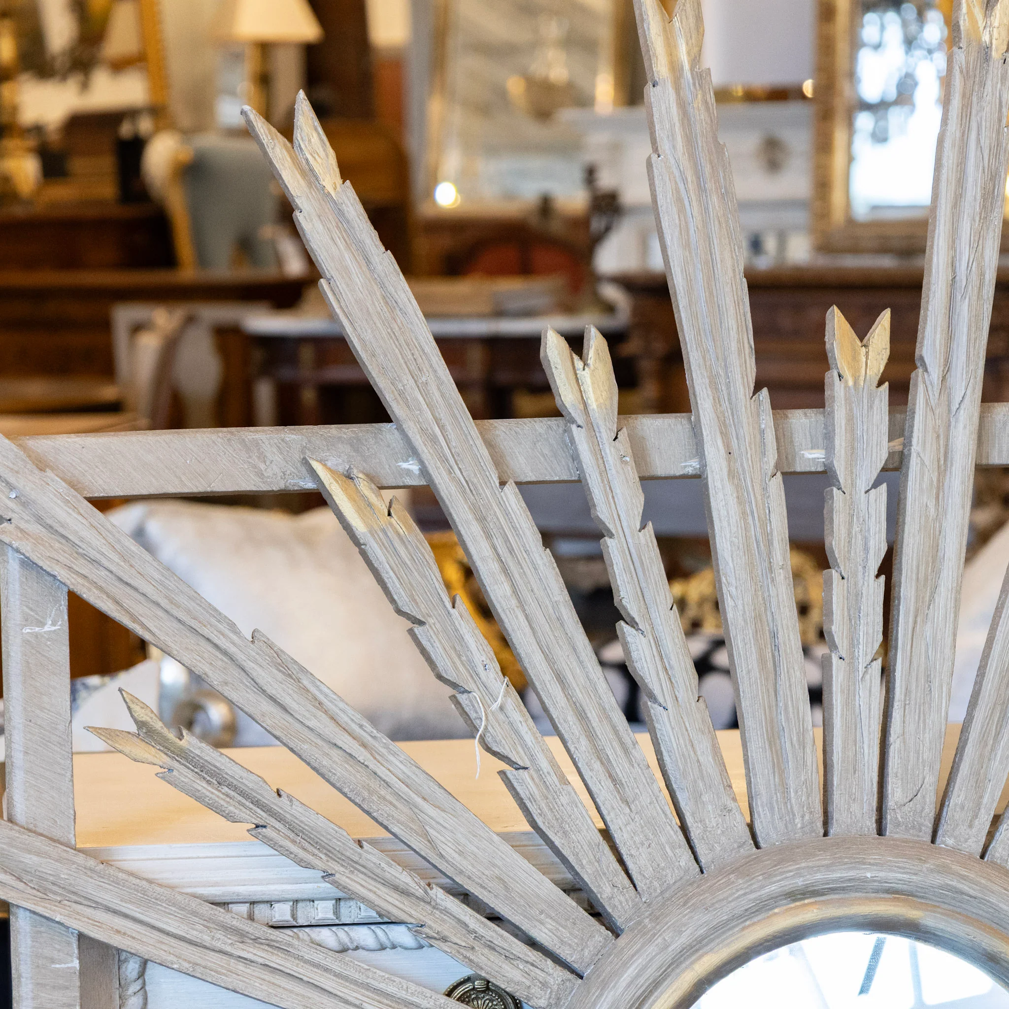 French Gray Painted Sunburst Mirror — Gold Accents with Square Frame - Image 3