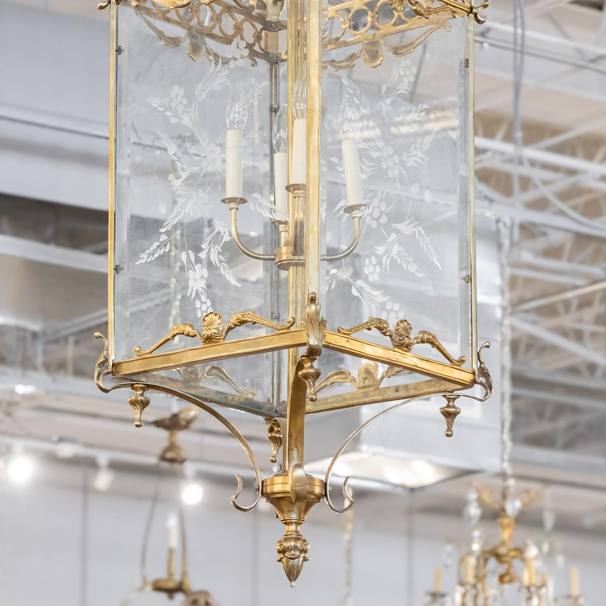 French Lantern Brass Chandelier – Etched Glass & Shell Crest - Image 3