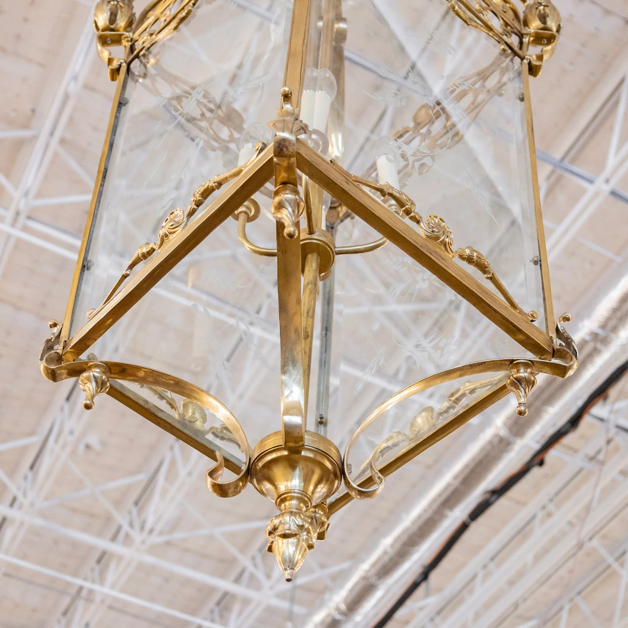 French Lantern Brass Chandelier – Etched Glass & Shell Crest - Image 4