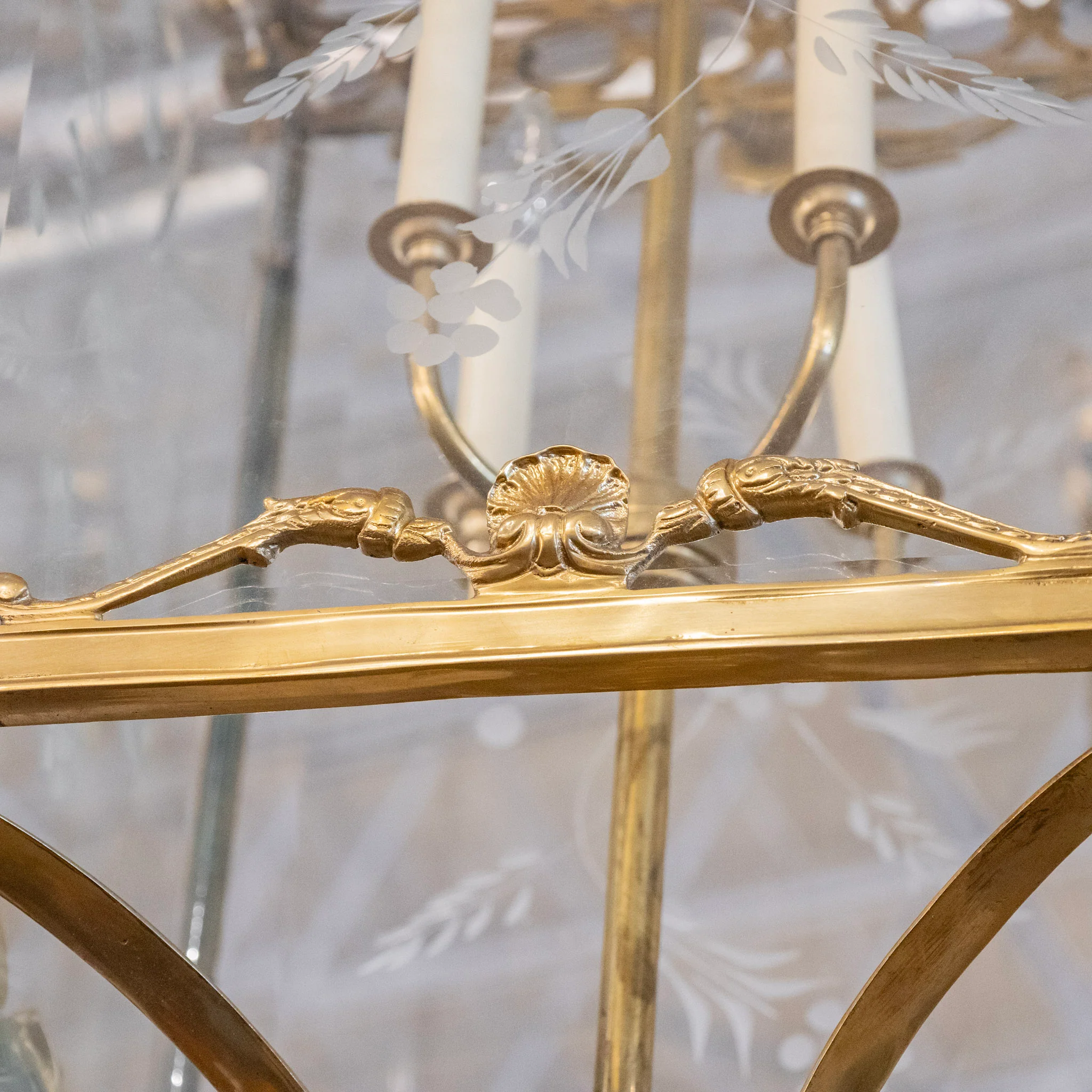 French Lantern Brass Chandelier – Etched Glass & Shell Crest - Image 5