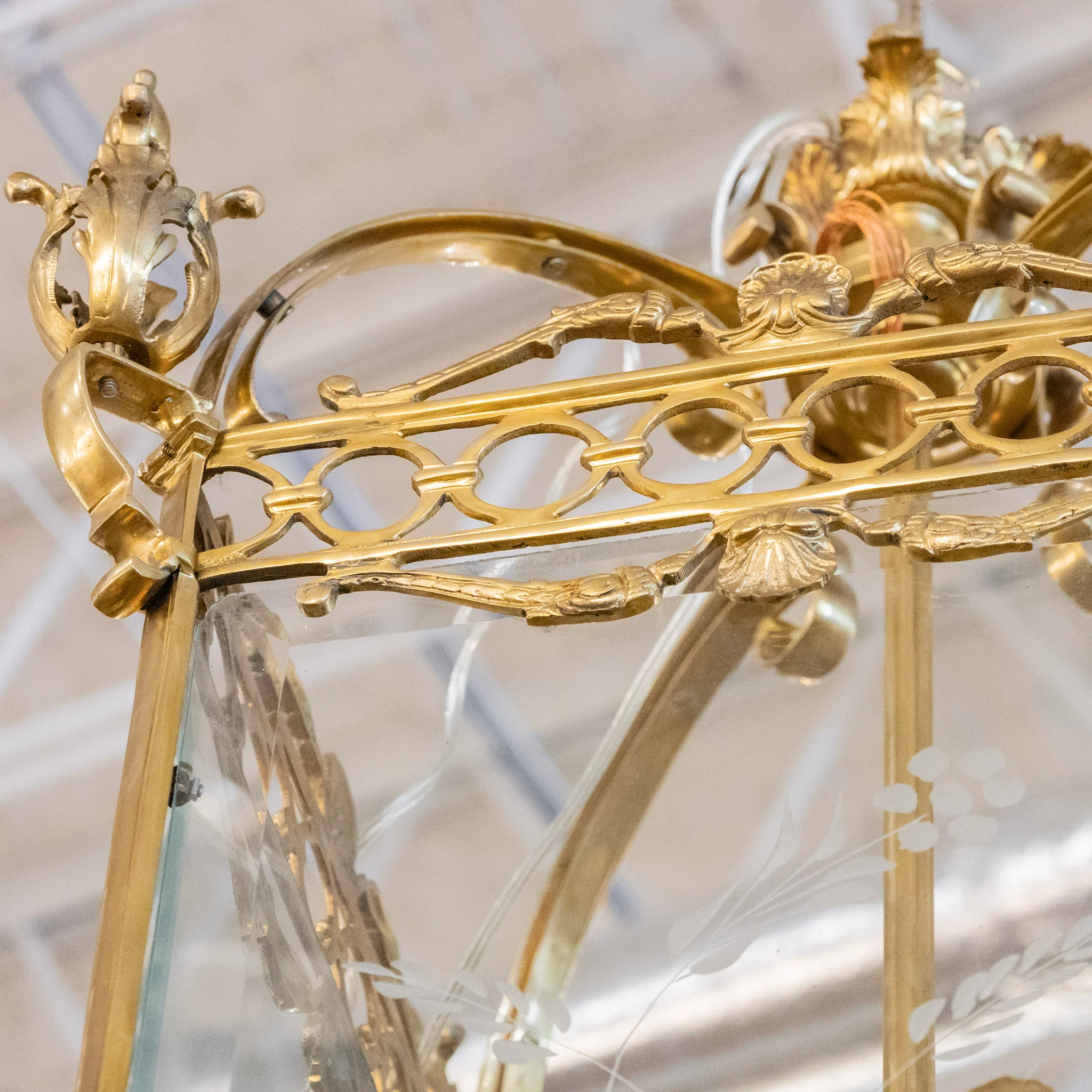 French Lantern Brass Chandelier – Etched Glass & Shell Crest - Image 6