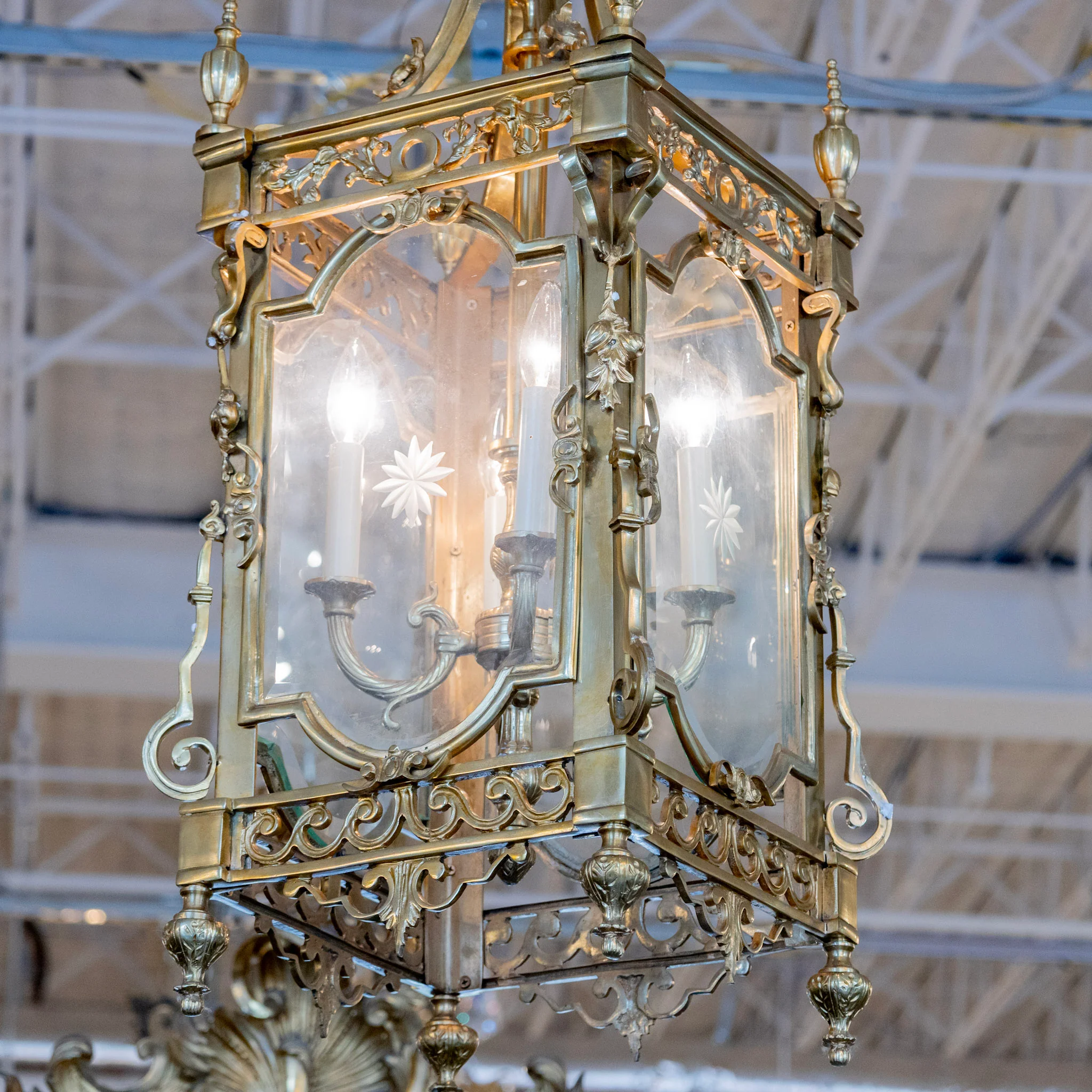 French Lantern Brass Chandelier – Ornate Trim - Image 3