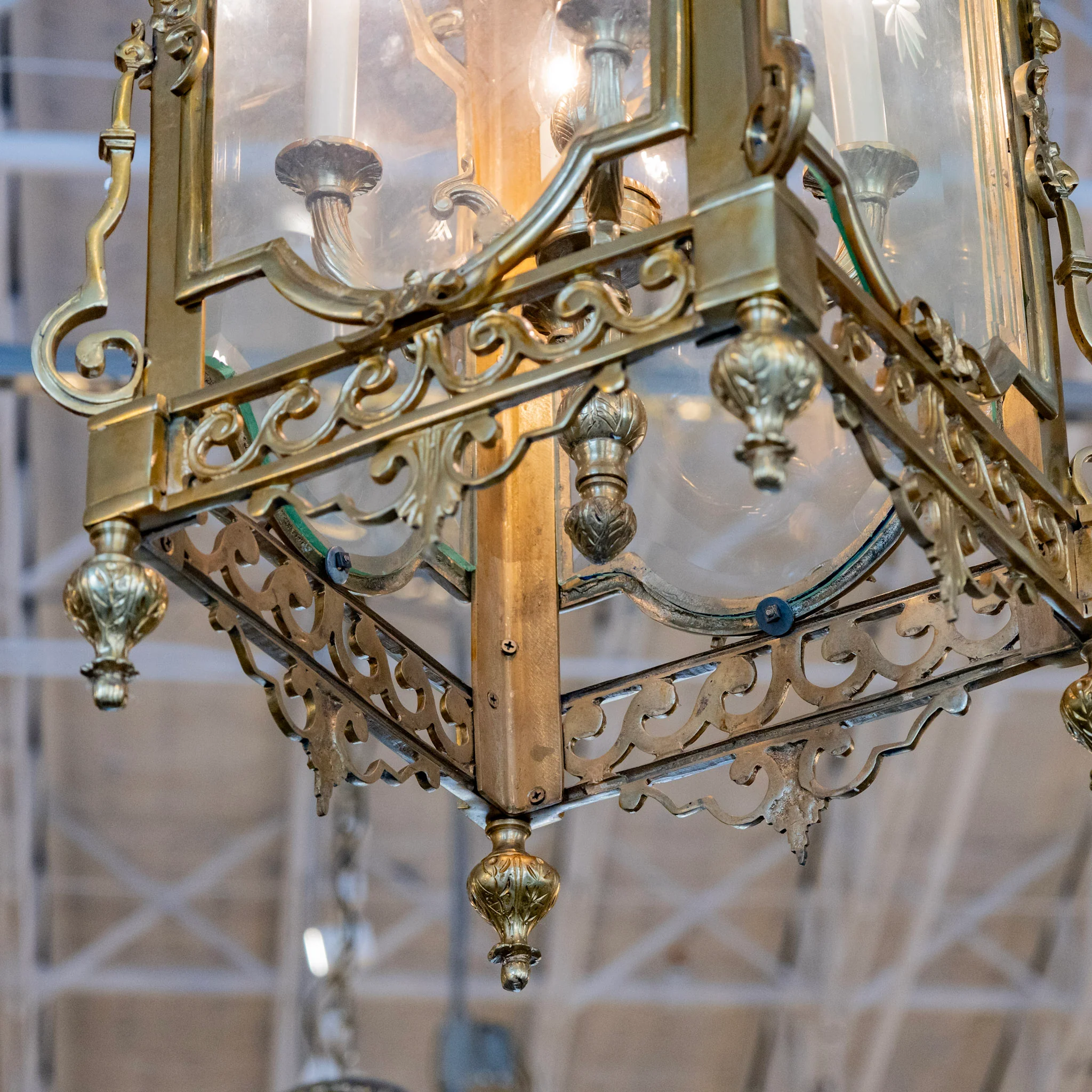 French Lantern Brass Chandelier – Ornate Trim - Image 4