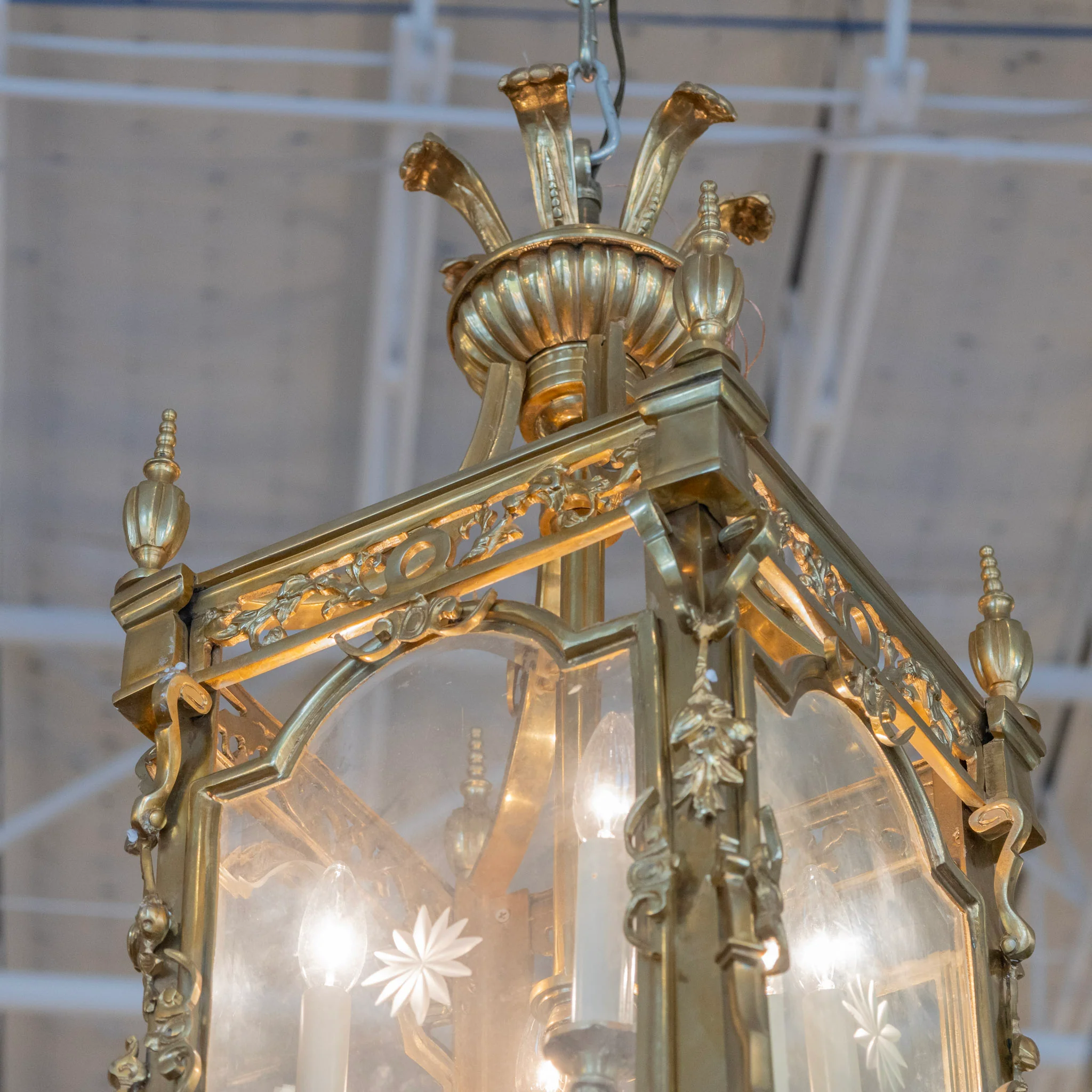 French Lantern Brass Chandelier – Ornate Trim - Image 5