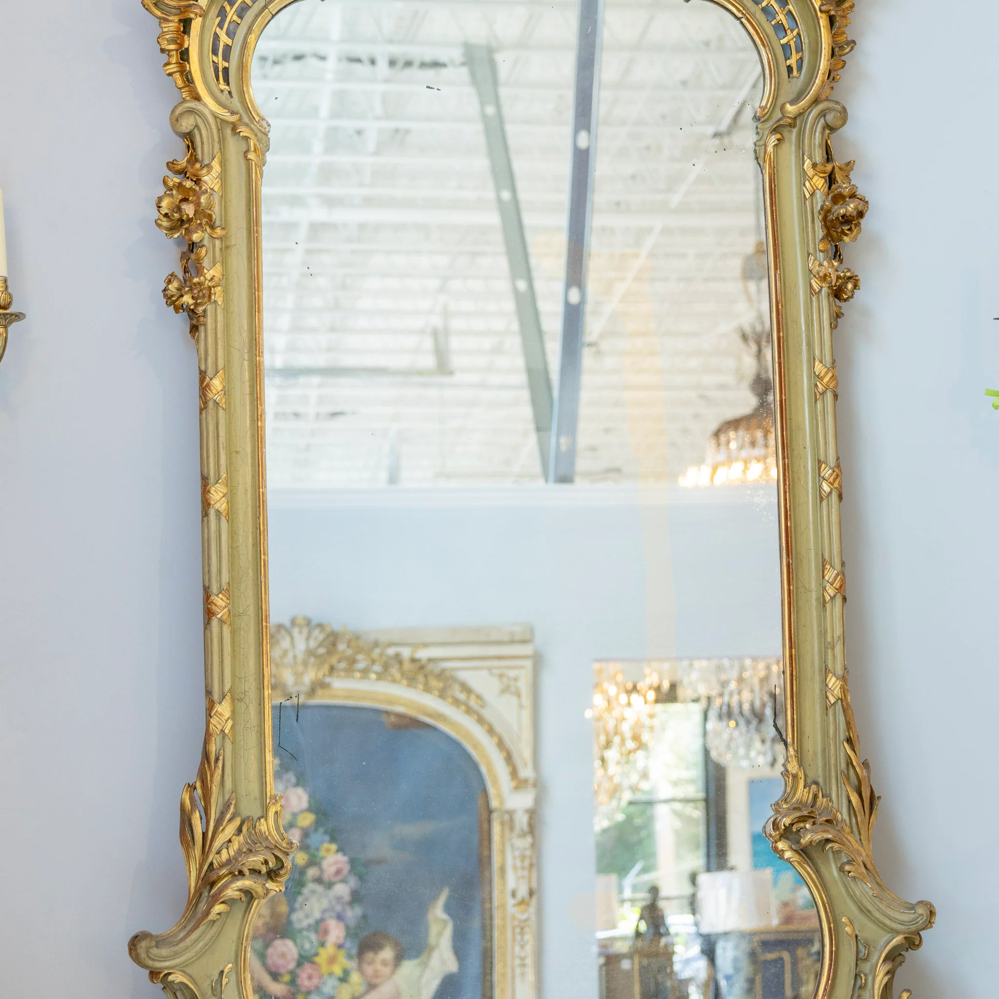 French Louis XV Sage Green Ornate Mirror — Gold Floral Trim - Image 3