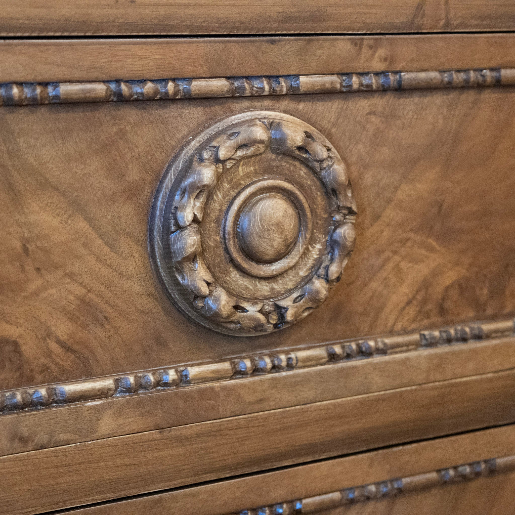 French Louis XVI Burl Wood Nightstand – Natural Wood Grain & Bow Brass Pulls - Image 16
