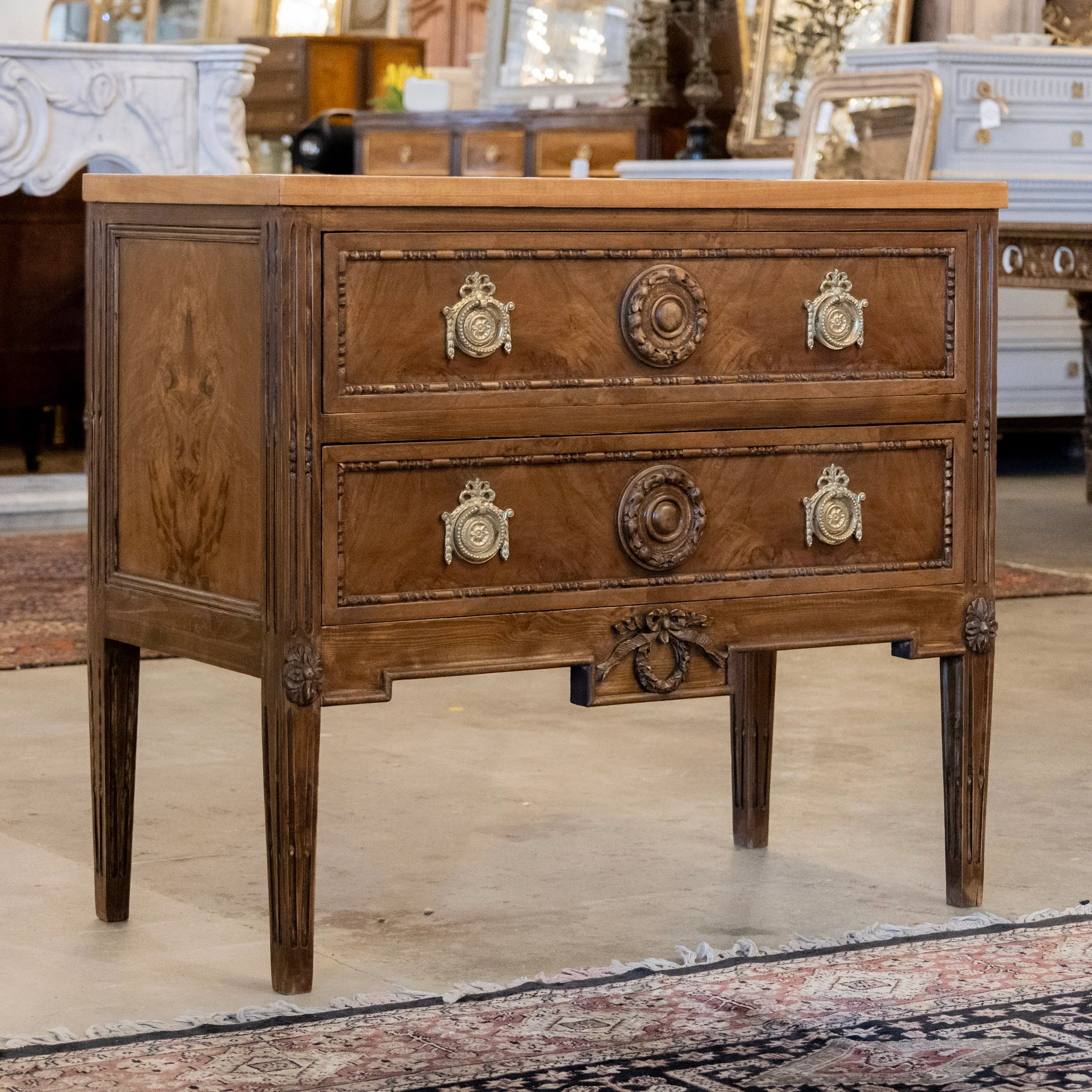 French Louis XVI Burl Wood Nightstand – Natural Wood Grain & Bow Brass Pulls - Image 2