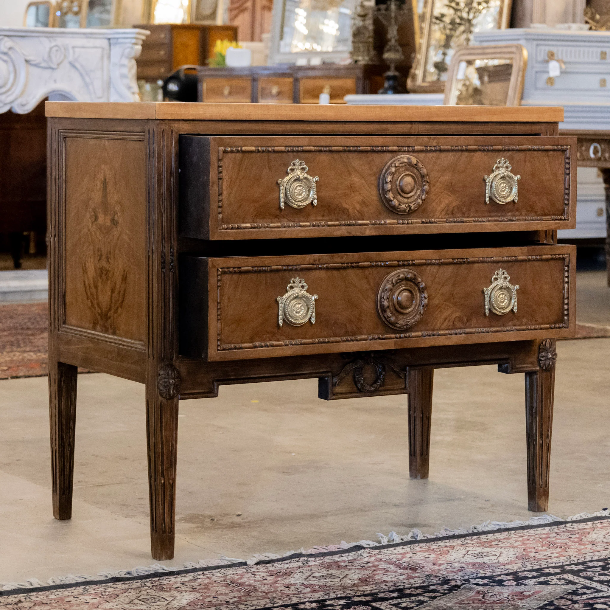 French Louis XVI Burl Wood Nightstand – Natural Wood Grain & Bow Brass Pulls - Image 3