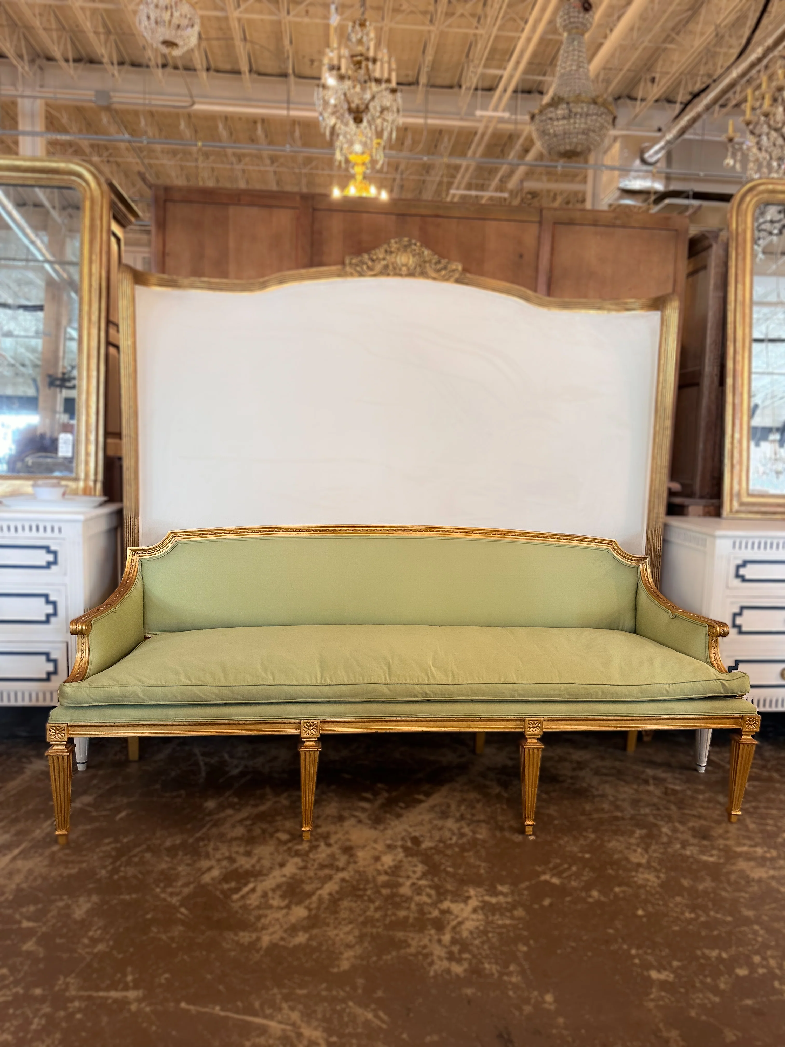 French Louis XVI Giltwood Sofa with Green Upholstery