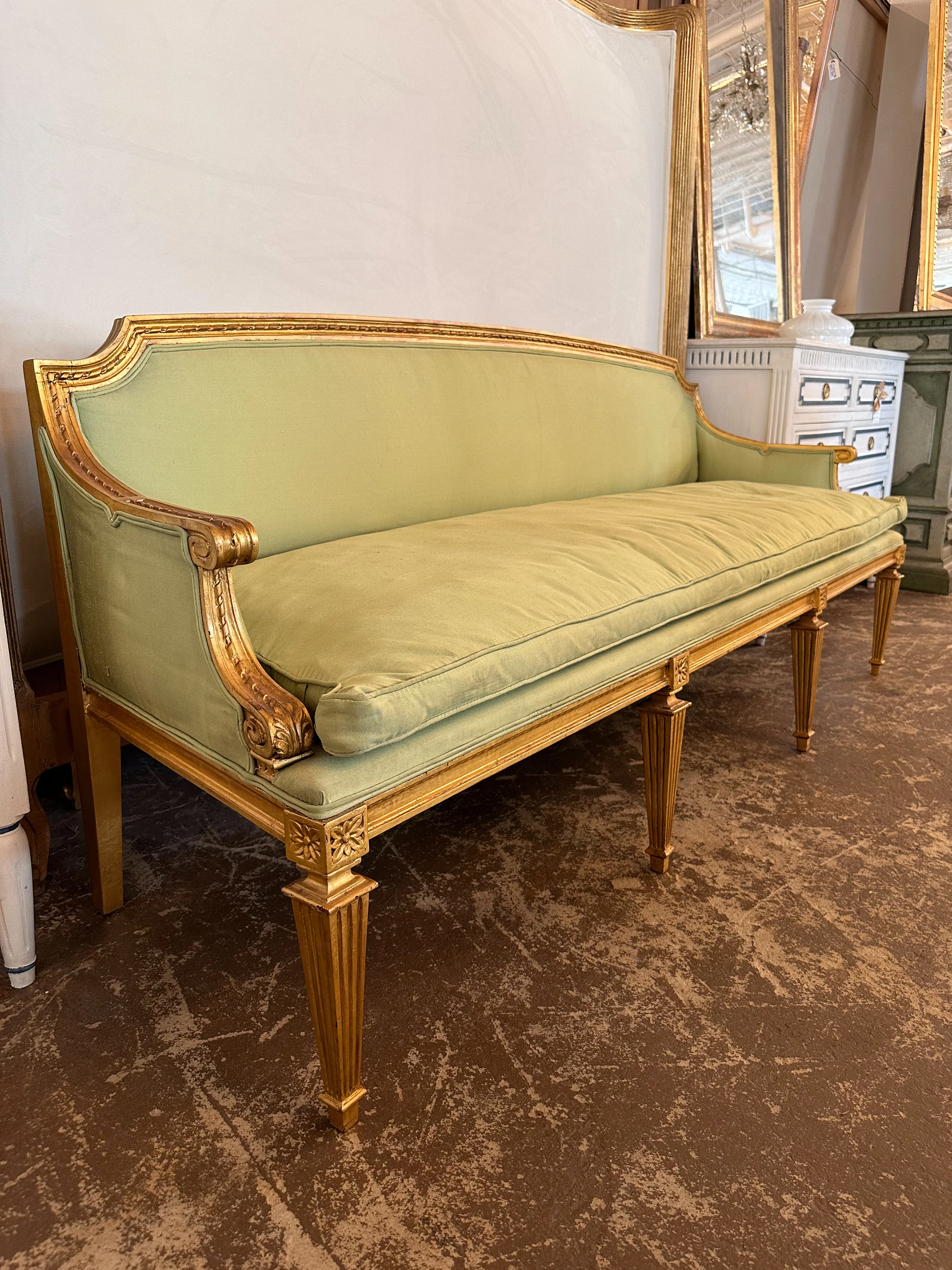 French Louis XVI Giltwood Sofa with Green Upholstery - Image 2