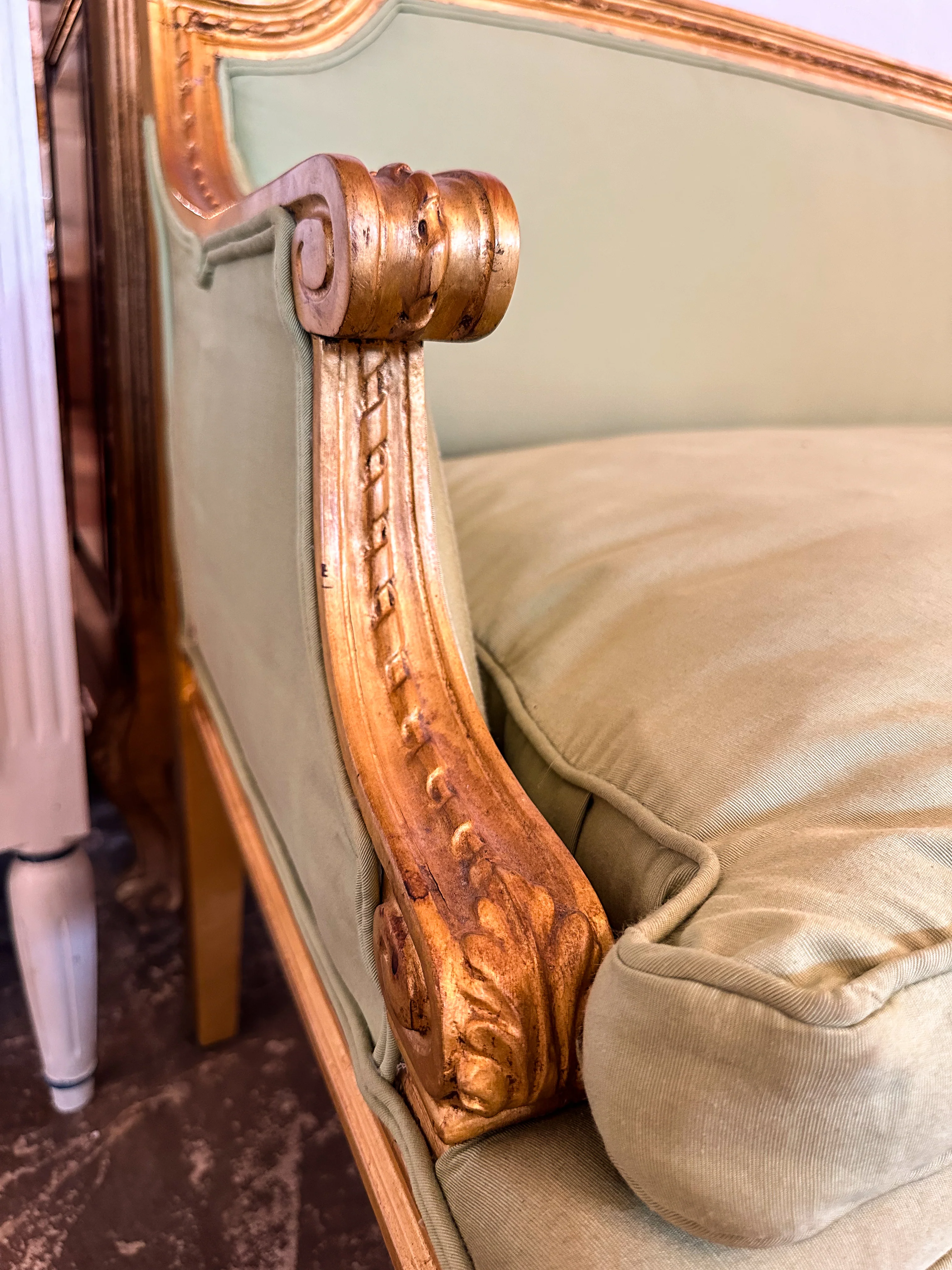 French Louis XVI Giltwood Sofa with Green Upholstery - Image 6