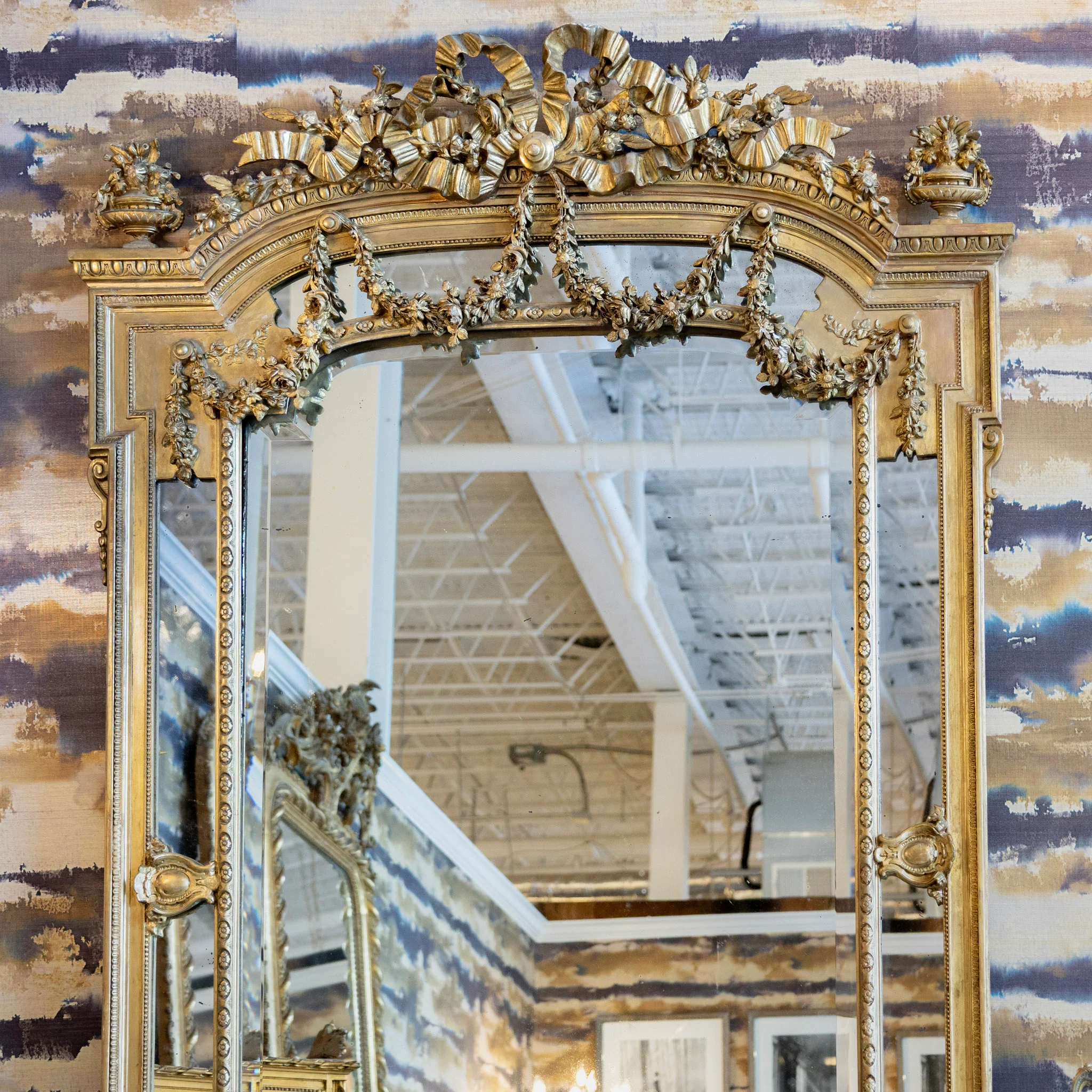 French Louis XVI Ornate Mirror – Bow Crest & Floral Garland Carvings - Image 2