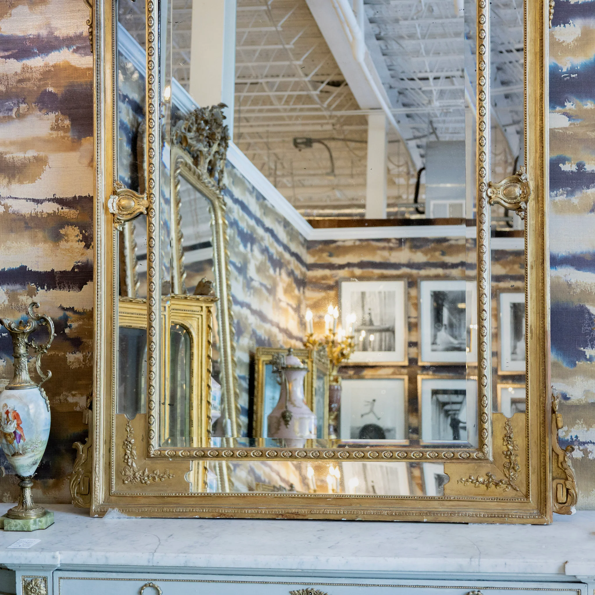 French Louis XVI Ornate Mirror – Bow Crest & Floral Garland Carvings - Image 3