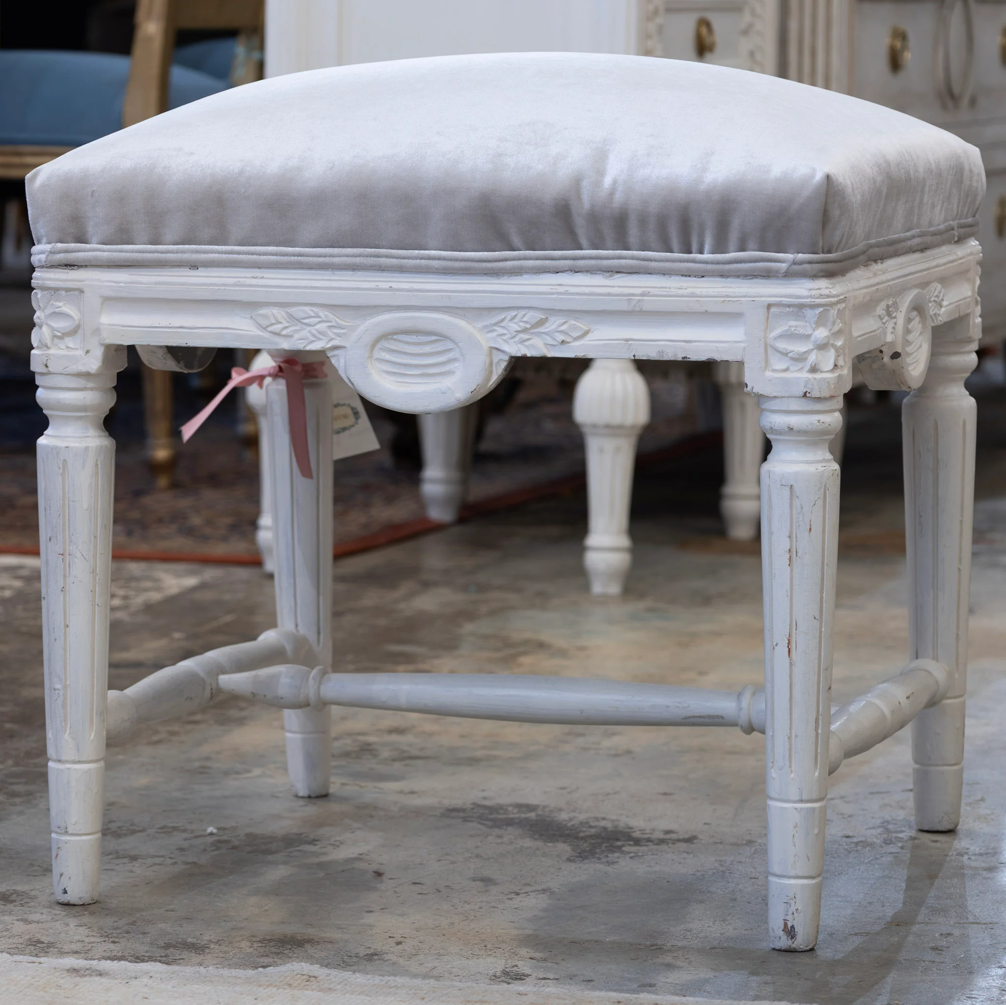 Louis XVI Stool – Carved White Frame & Grey Velvet Seat - Image 3
