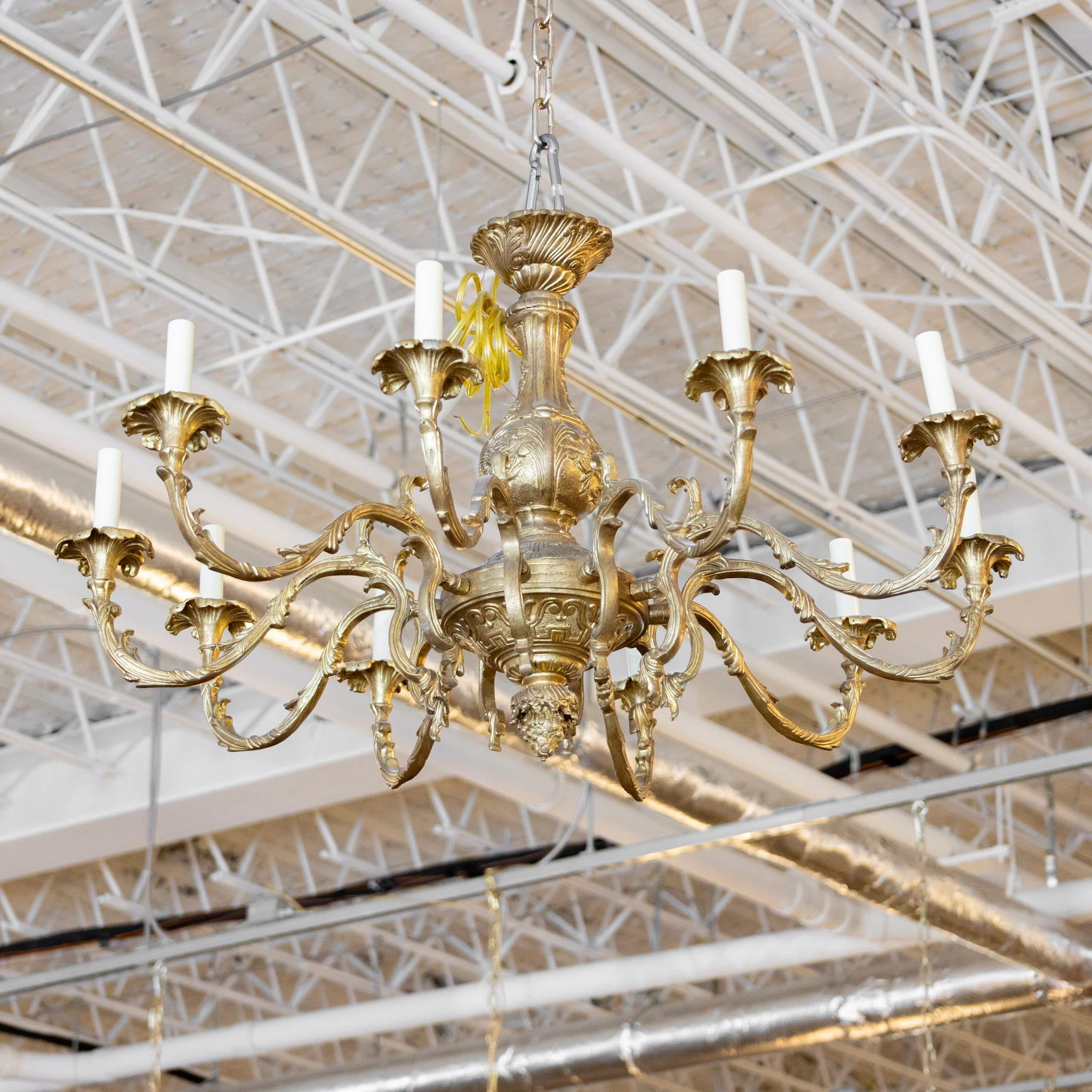 French Ornate Brass Candelabra Chandelier – Scroll Arms with Leaf Carvings
