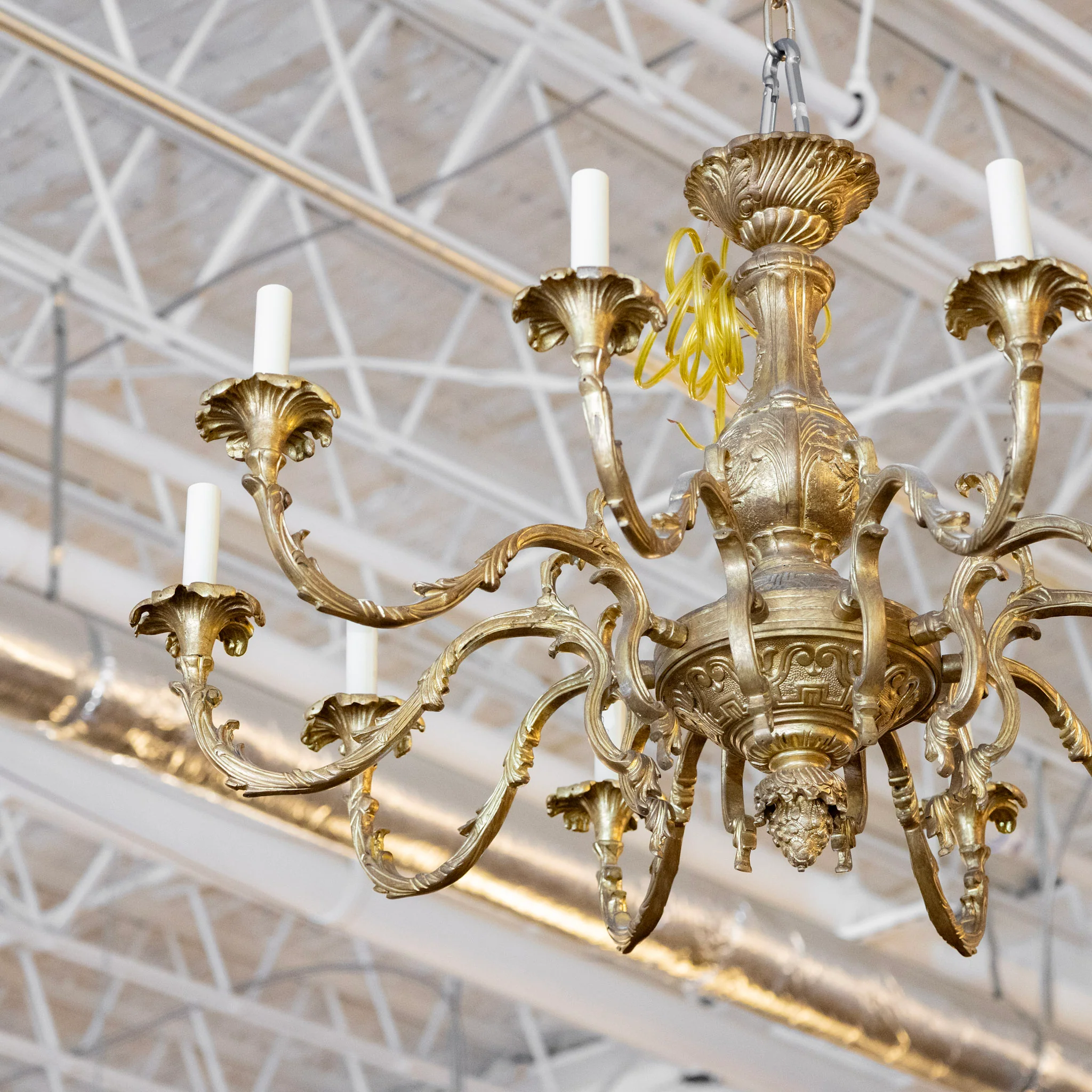 French Ornate Brass Candelabra Chandelier – Scroll Arms with Leaf Carvings - Image 2