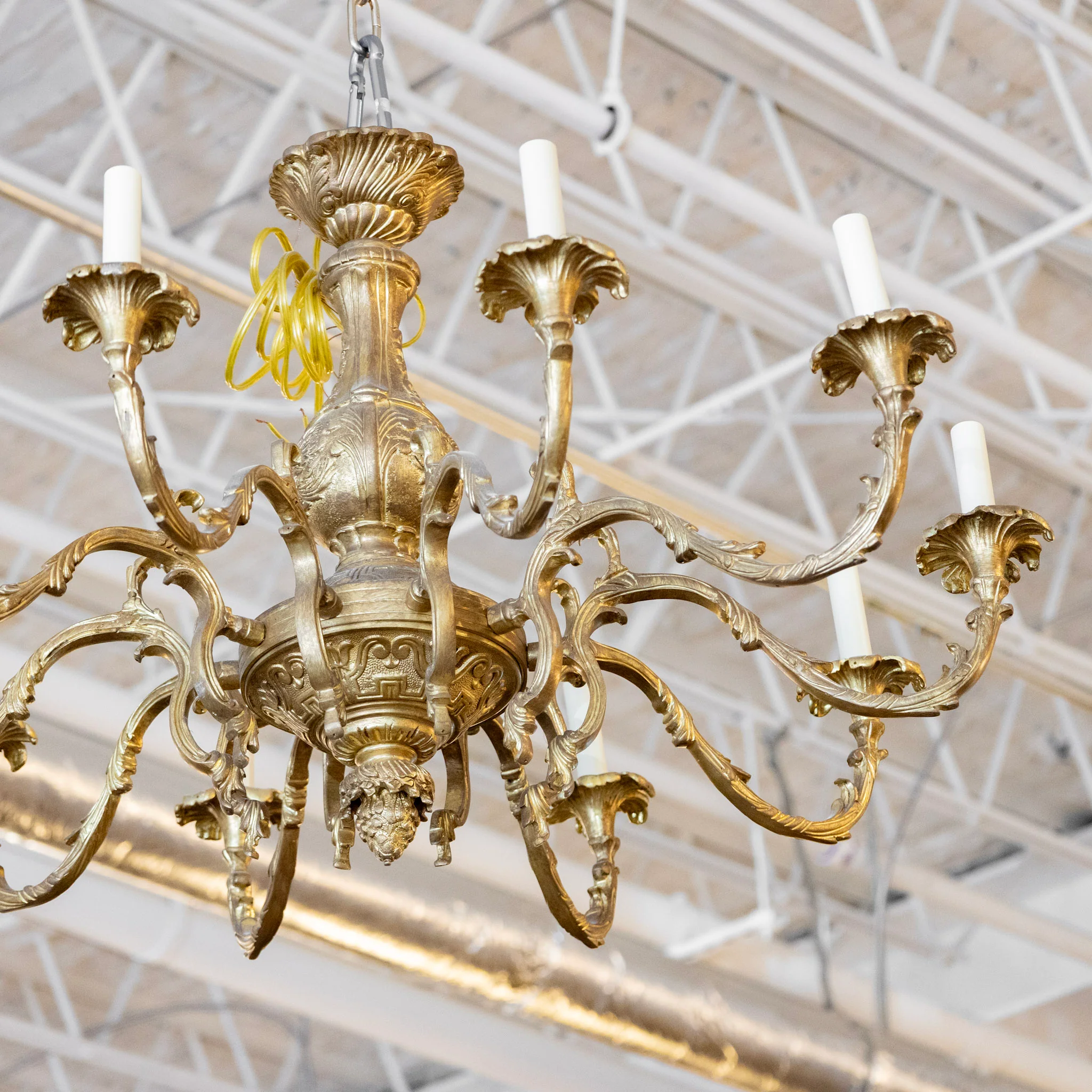 French Ornate Brass Candelabra Chandelier – Scroll Arms with Leaf Carvings - Image 3