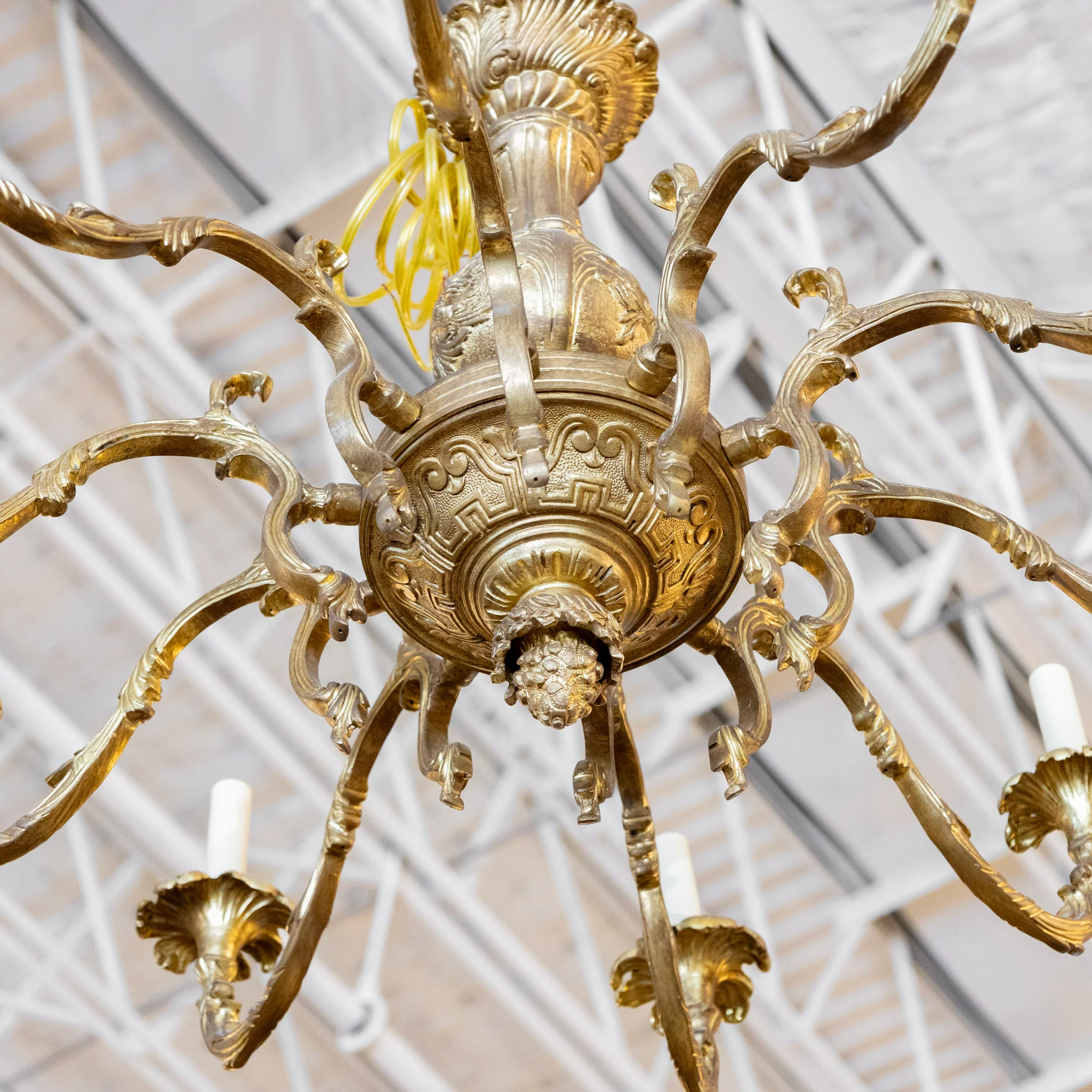 French Ornate Brass Candelabra Chandelier – Scroll Arms with Leaf Carvings - Image 4